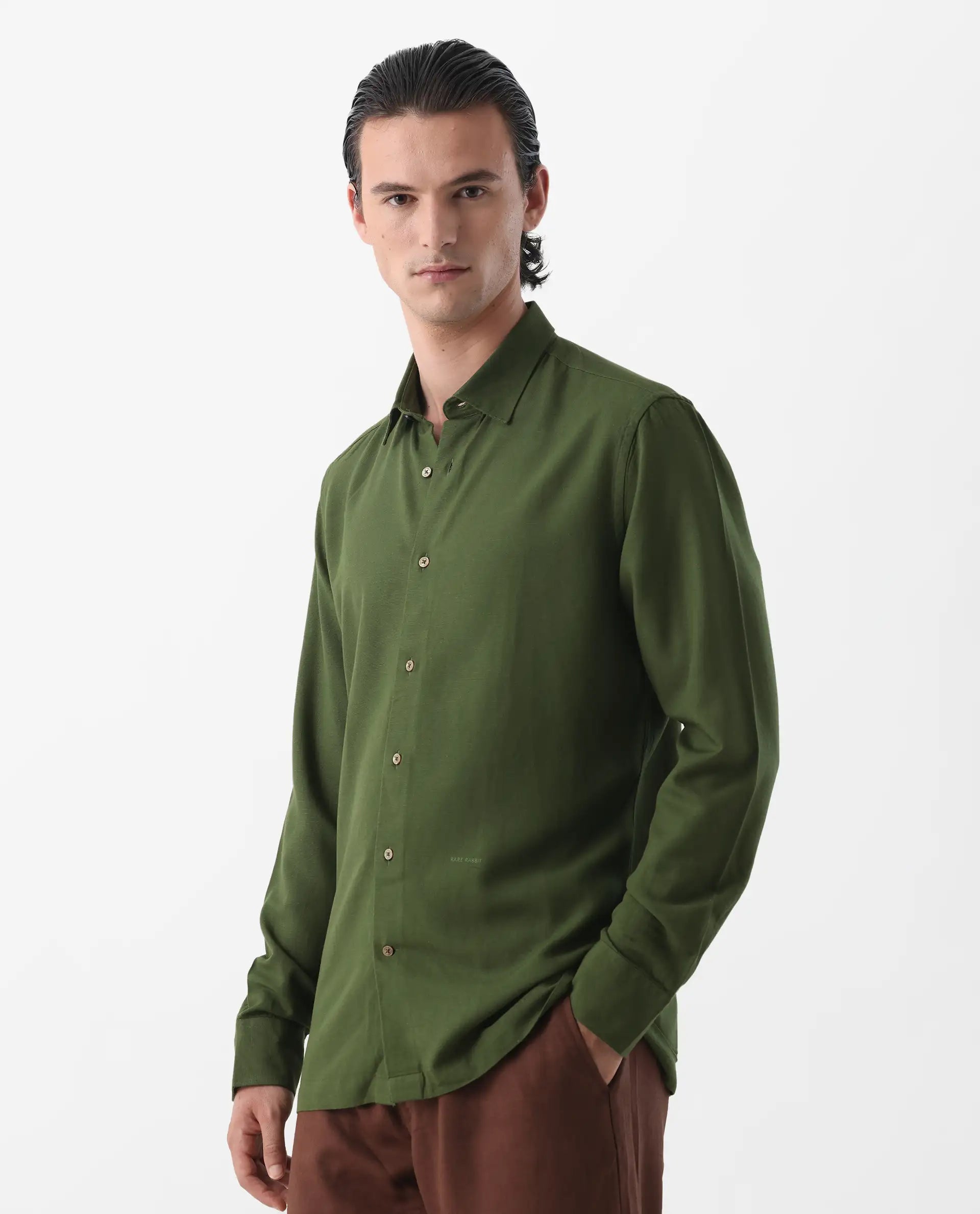 Rare Rabbit Men's Lunet Olive Linen Full Sleeves Solid Shirt