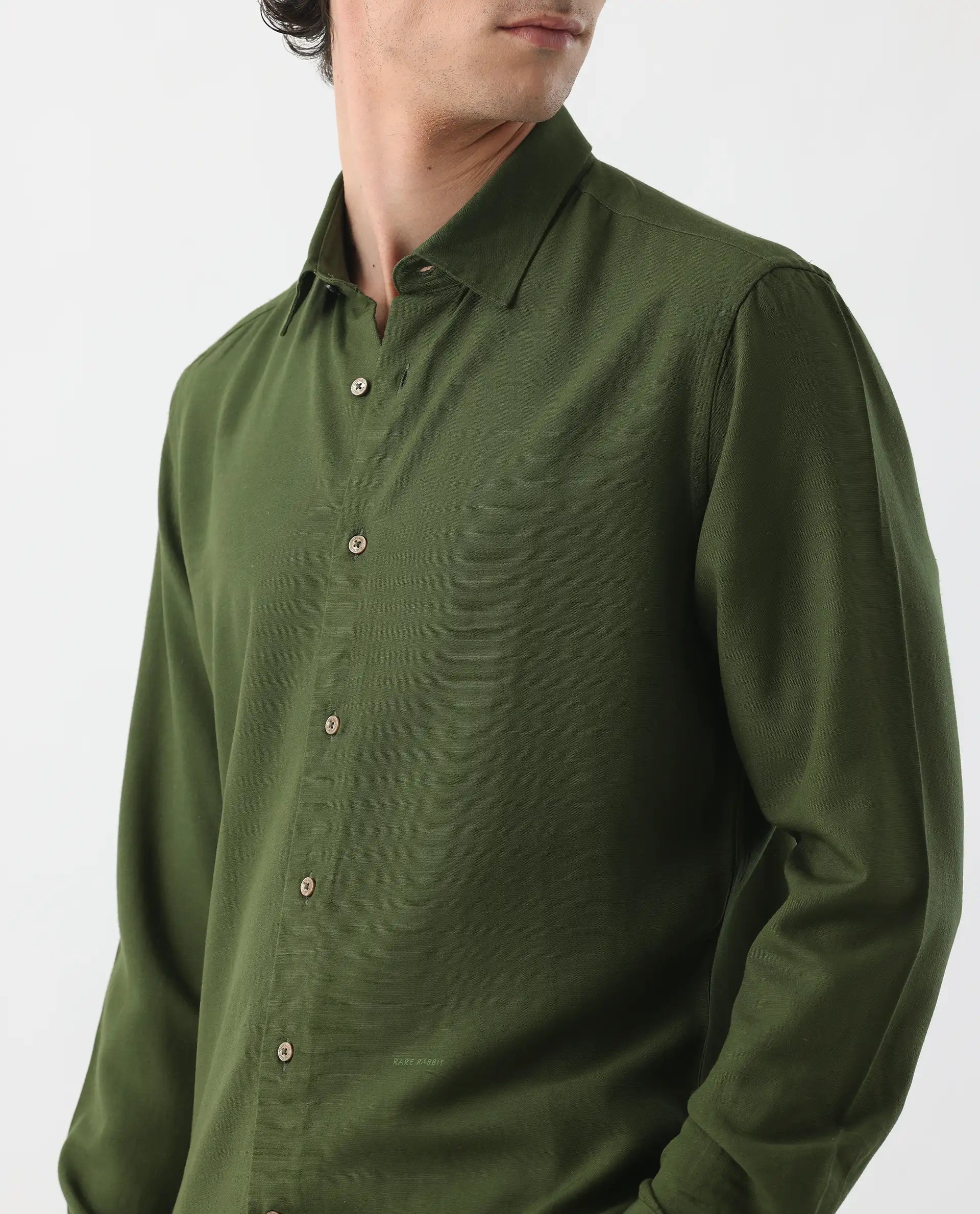 Rare Rabbit Men's Lunet Olive Linen Full Sleeves Solid Shirt