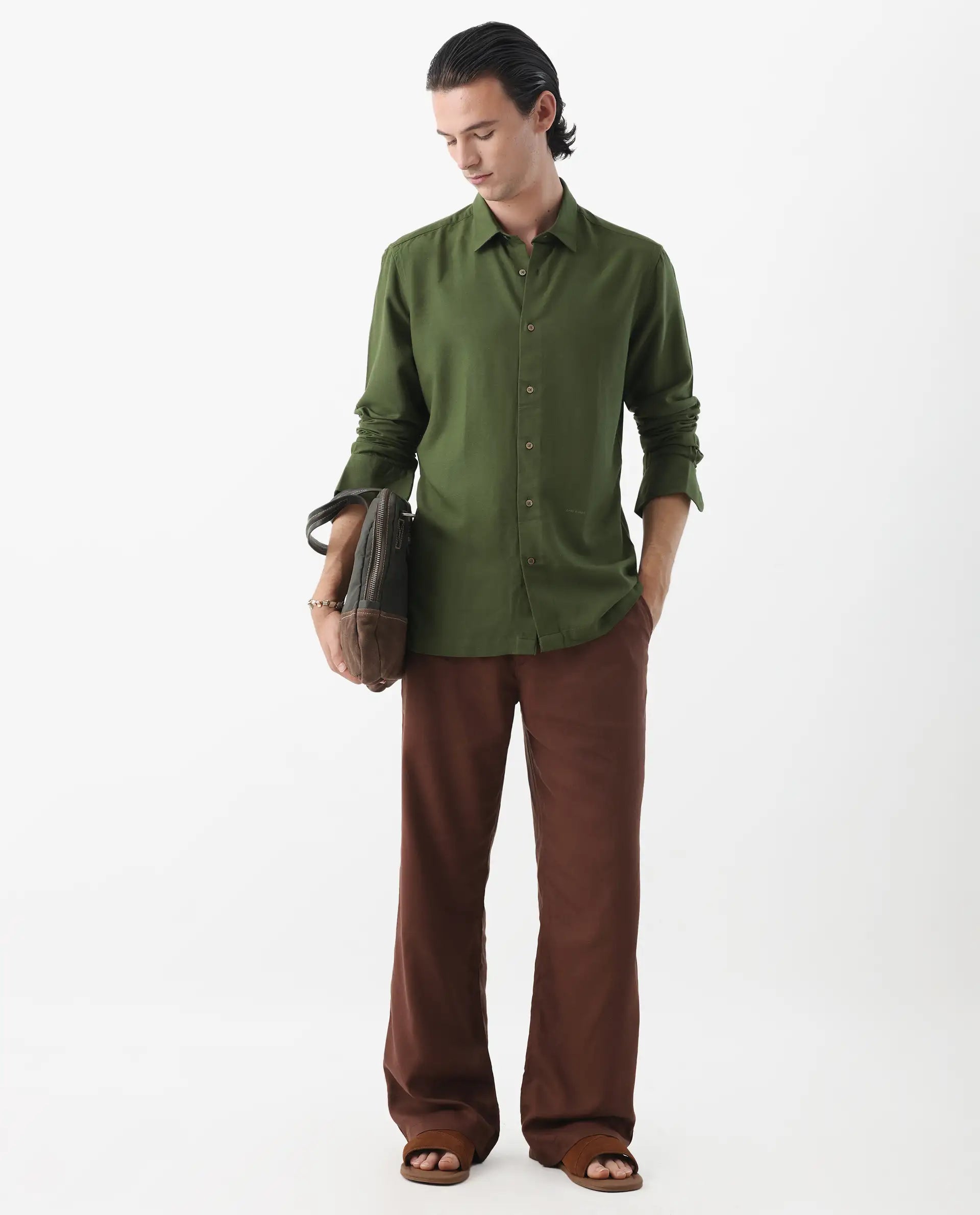 Rare Rabbit Men's Lunet Olive Linen Full Sleeves Solid Shirt