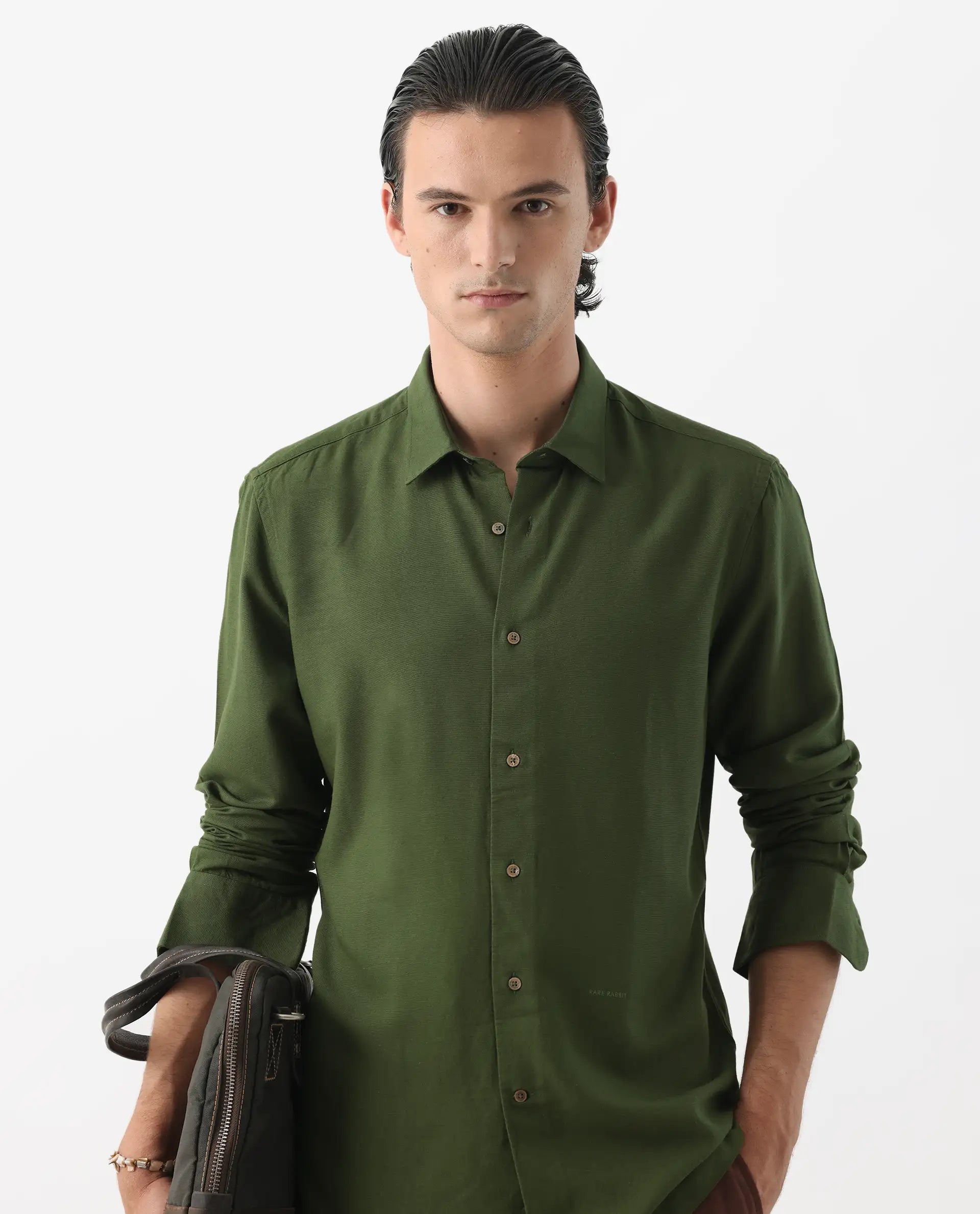 Rare Rabbit Men's Lunet Olive Linen Full Sleeves Solid Shirt