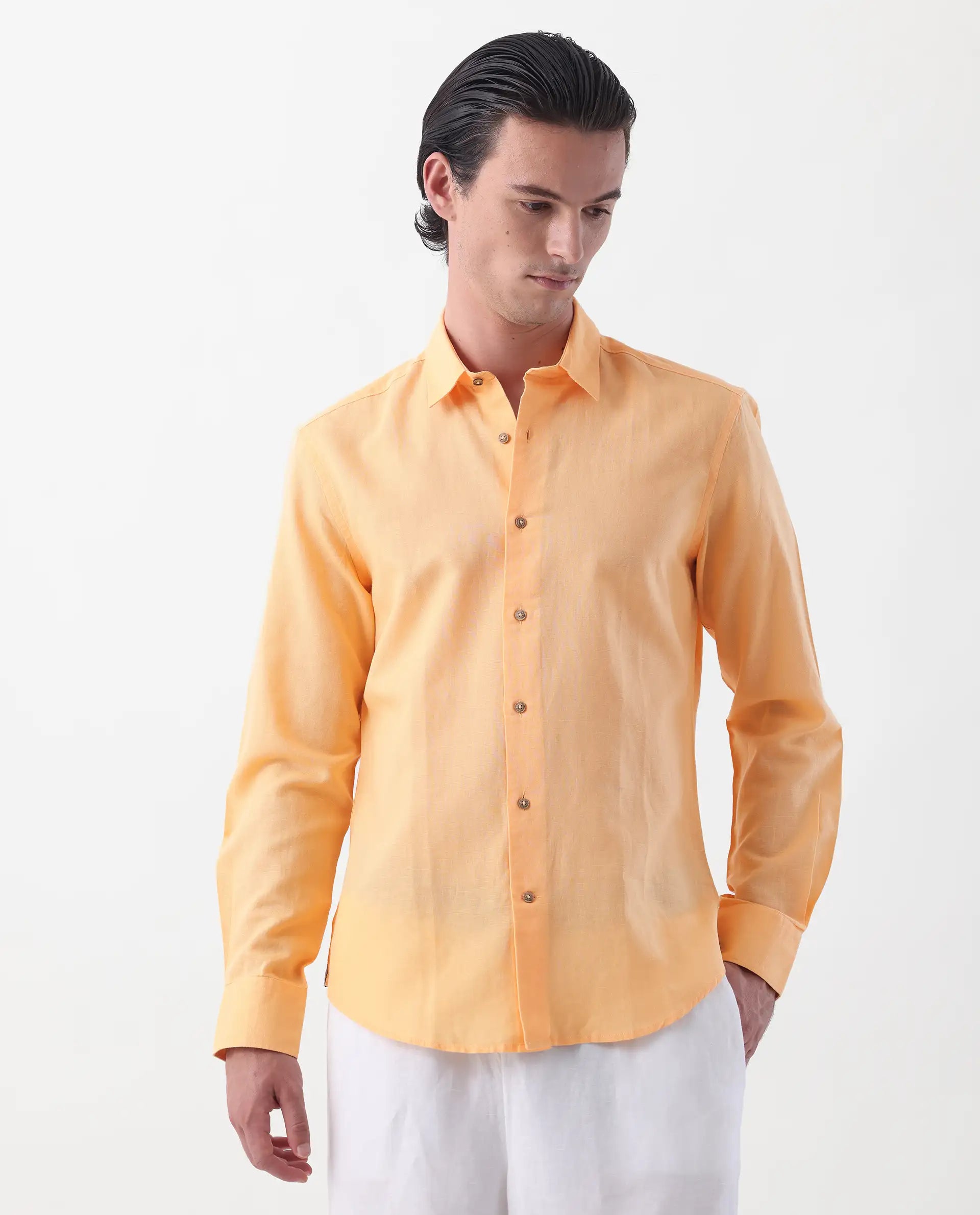 Rare Rabbit Men's Linux Light Yellow Linen Blend Plain Regular Fit Full Sleeve Collared Shirt