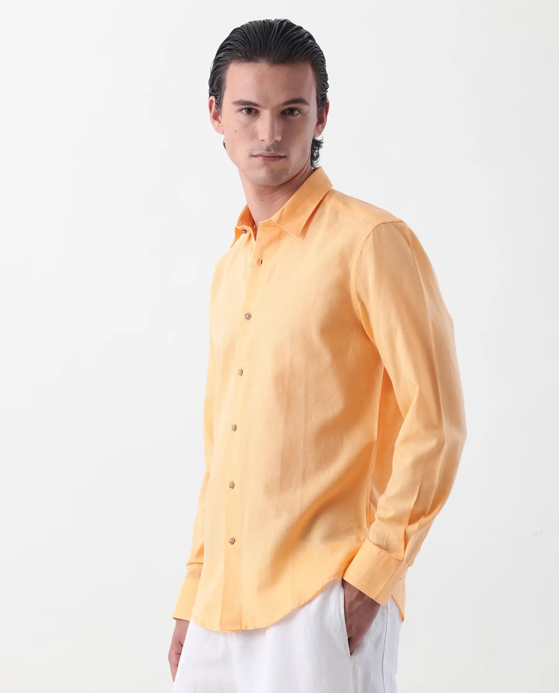 Rare Rabbit Men's Linux Light Yellow Linen Blend Plain Regular Fit Full Sleeve Collared Shirt