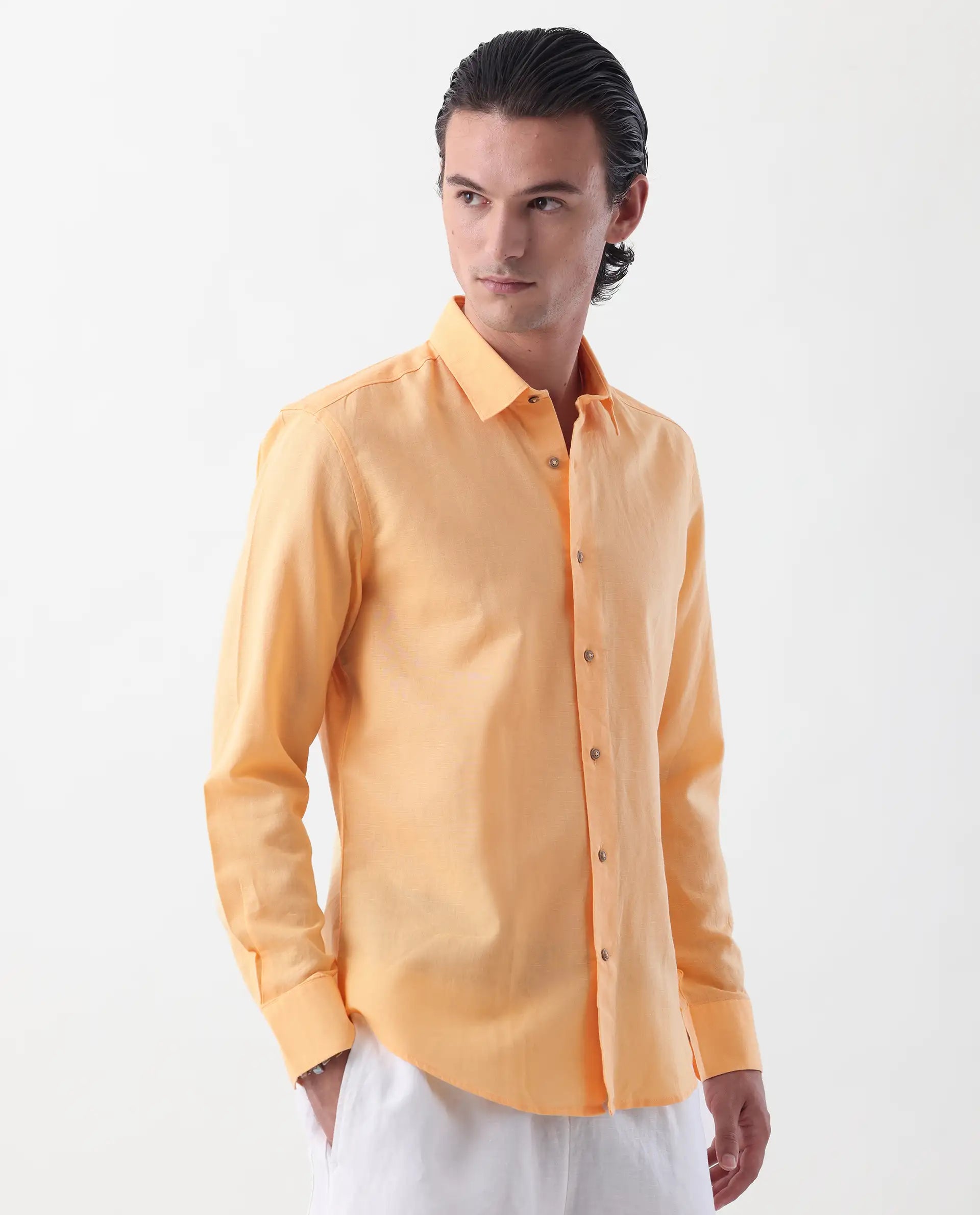 Rare Rabbit Men's Linux Light Yellow Linen Blend Plain Regular Fit Full Sleeve Collared Shirt