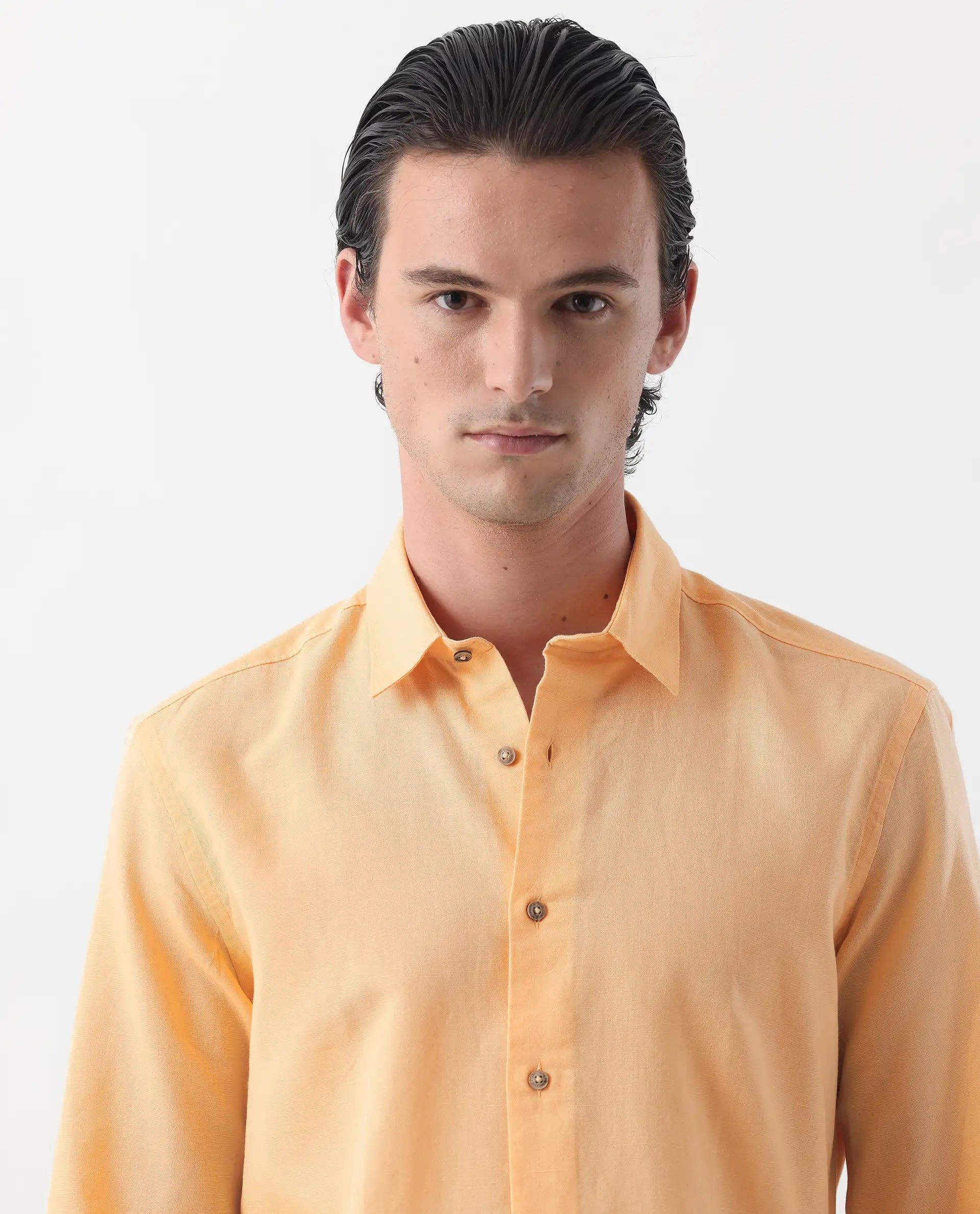Rare Rabbit Men's Linux Light Yellow Linen Blend Plain Regular Fit Full Sleeve Collared Shirt