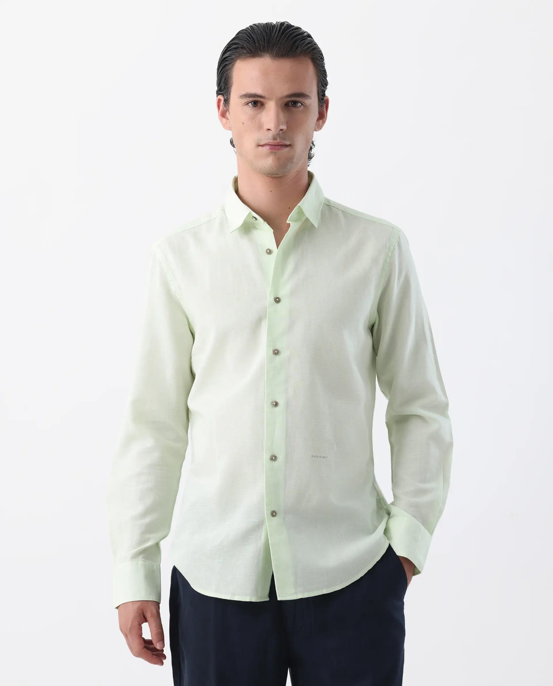 Rare Rabbit Men's Linux Pastel Green Linen Blend Plain Regular Fit Full Sleeve Collared Shirt