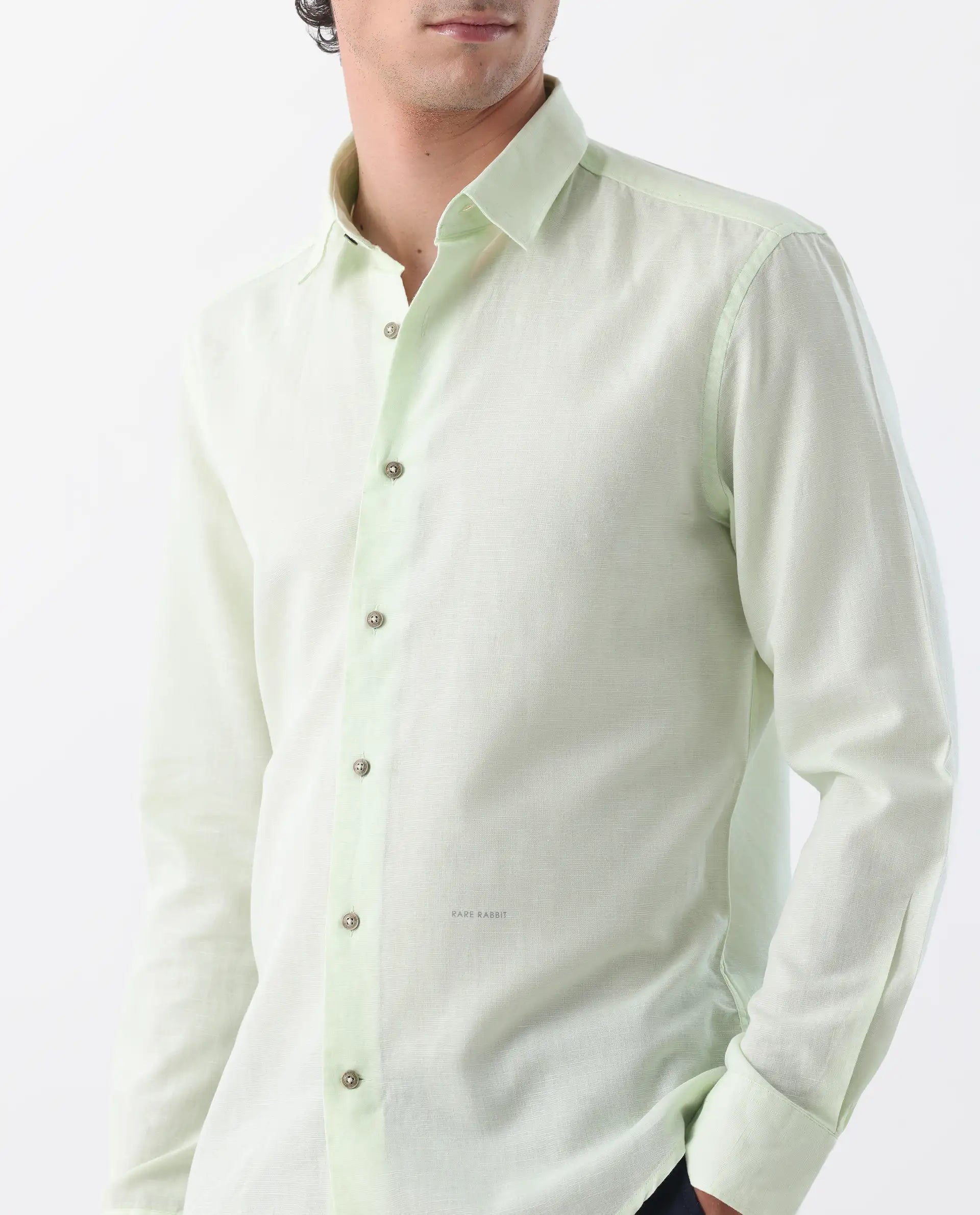 Rare Rabbit Men's Linux Pastel Green Linen Blend Plain Regular Fit Full Sleeve Collared Shirt