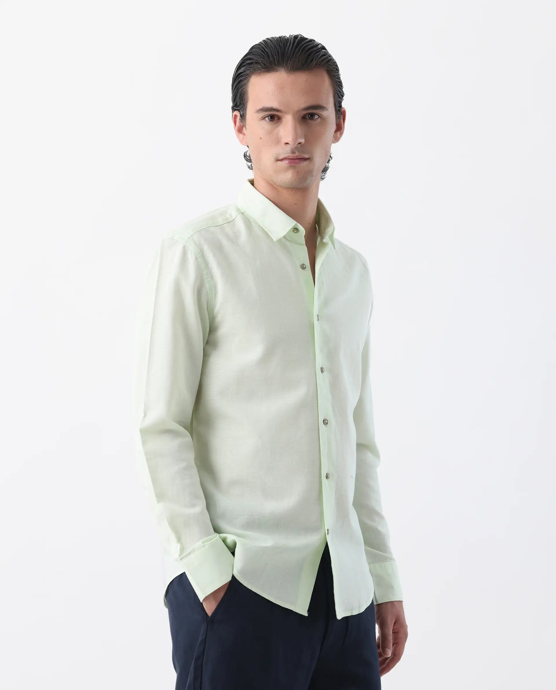 Rare Rabbit Men's Linux Pastel Green Linen Blend Plain Regular Fit Full Sleeve Collared Shirt
