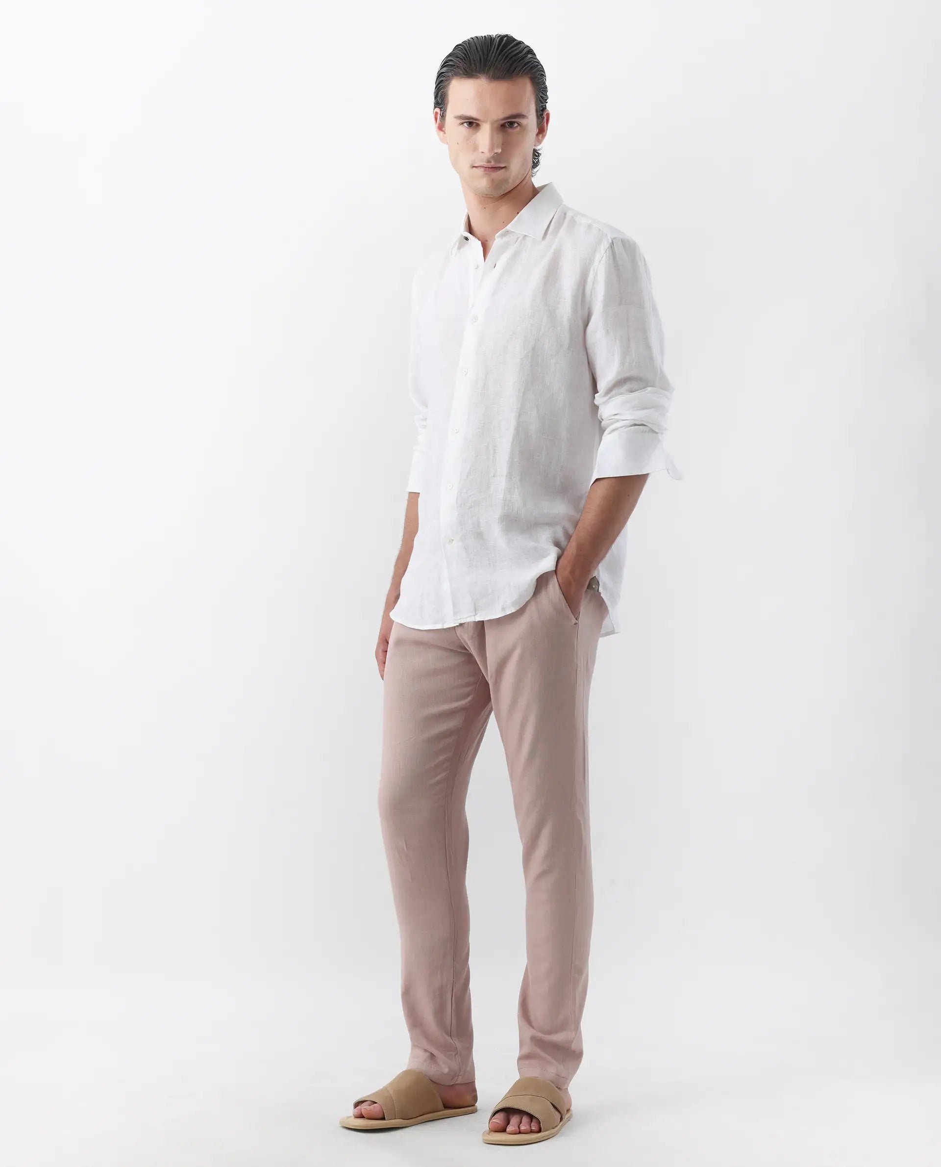 Rare Rabbit Men's Linac Dusky Pink 100% Linen Plain Regular Fit Trouser
