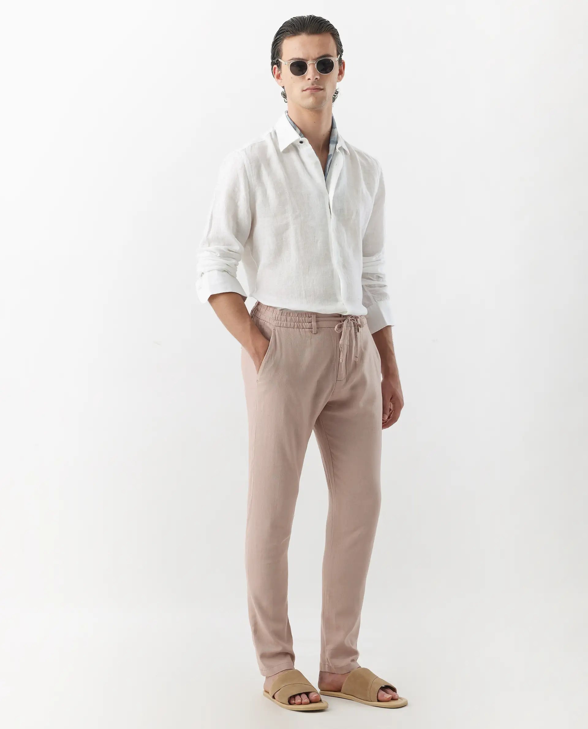 Rare Rabbit Men's Linac Dusky Pink 100% Linen Plain Regular Fit Trouser