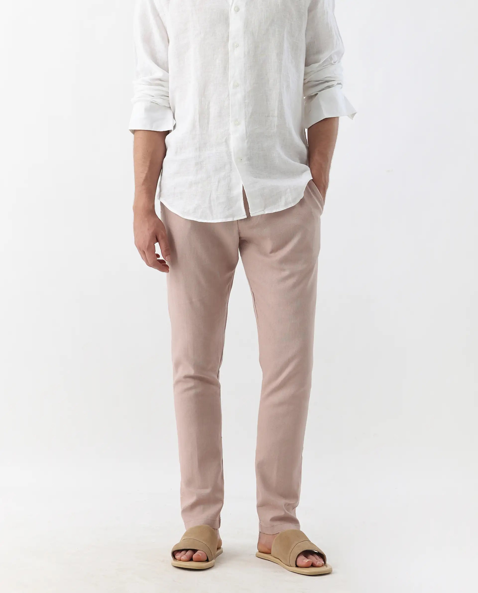Rare Rabbit Men's Linac Dusky Pink 100% Linen Plain Regular Fit Trouser