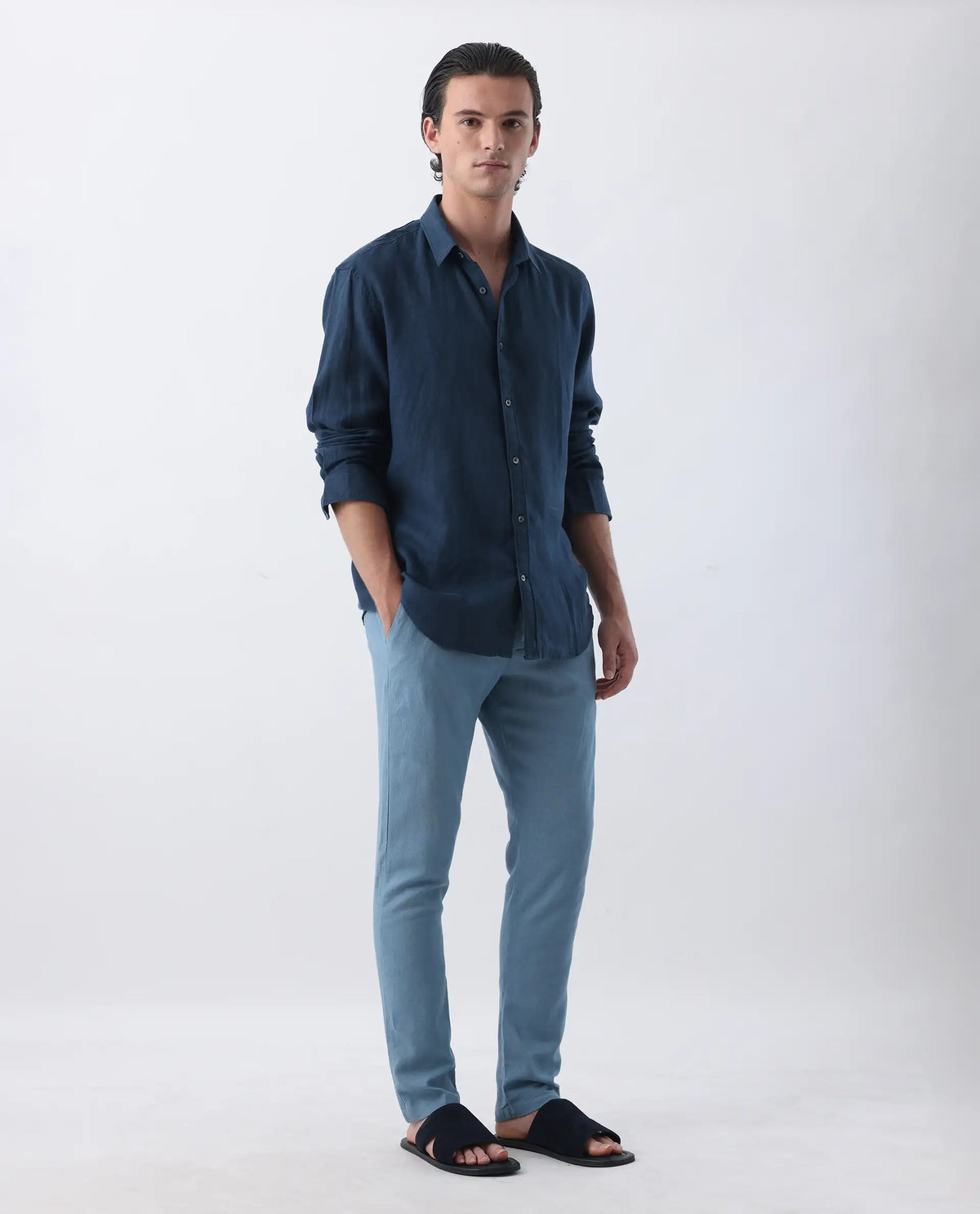 Rare Rabbit Men's Linac Dusky Blue 100% Linen Plain Regular Fit Trouser