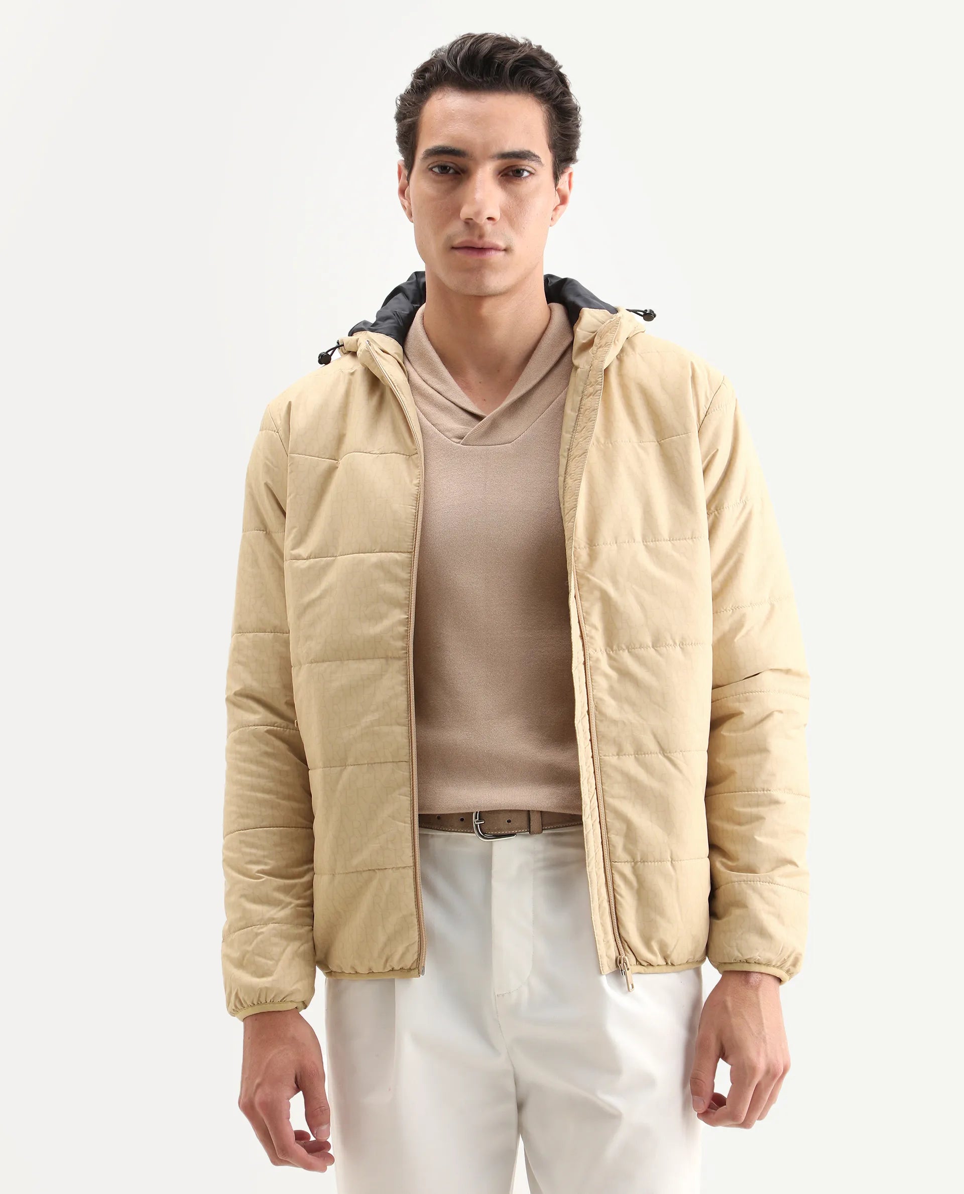 Rare Rabbit Men's Vasto Beige Polyester Monogram Print Regular Fit Full Sleeve Hooded Jacket