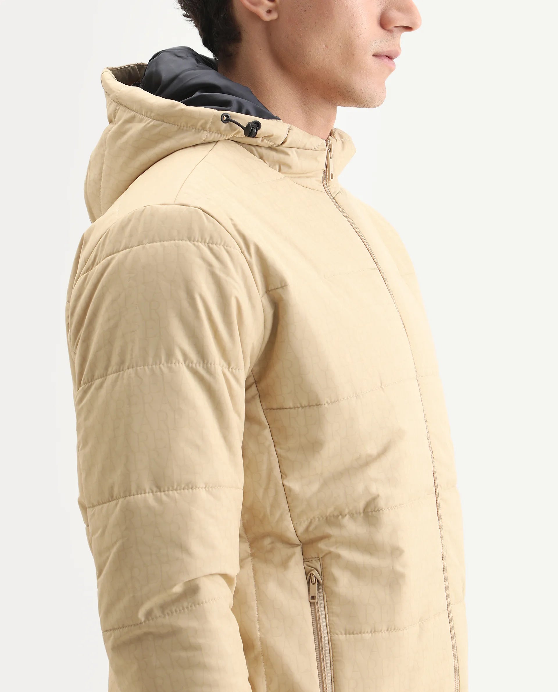 Rare Rabbit Men's Vasto Beige Polyester Monogram Print Regular Fit Full Sleeve Hooded Jacket