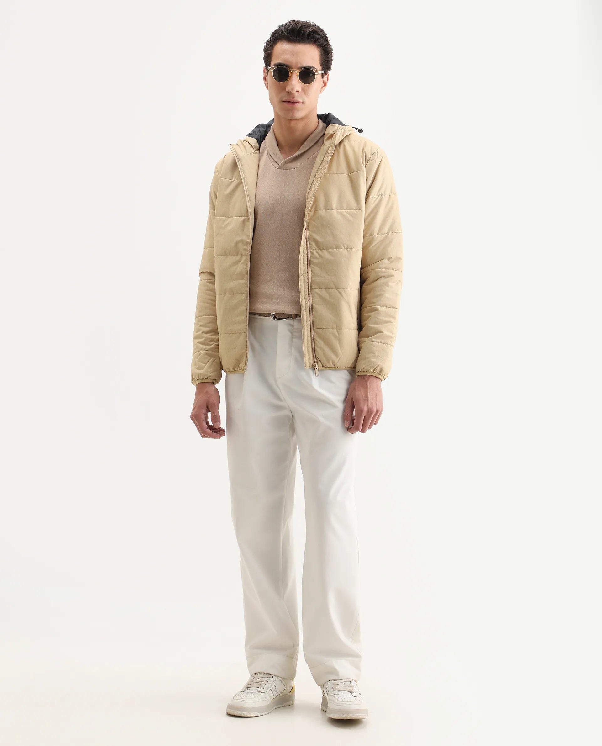 Rare Rabbit Men's Vasto Beige Polyester Monogram Print Regular Fit Full Sleeve Hooded Jacket