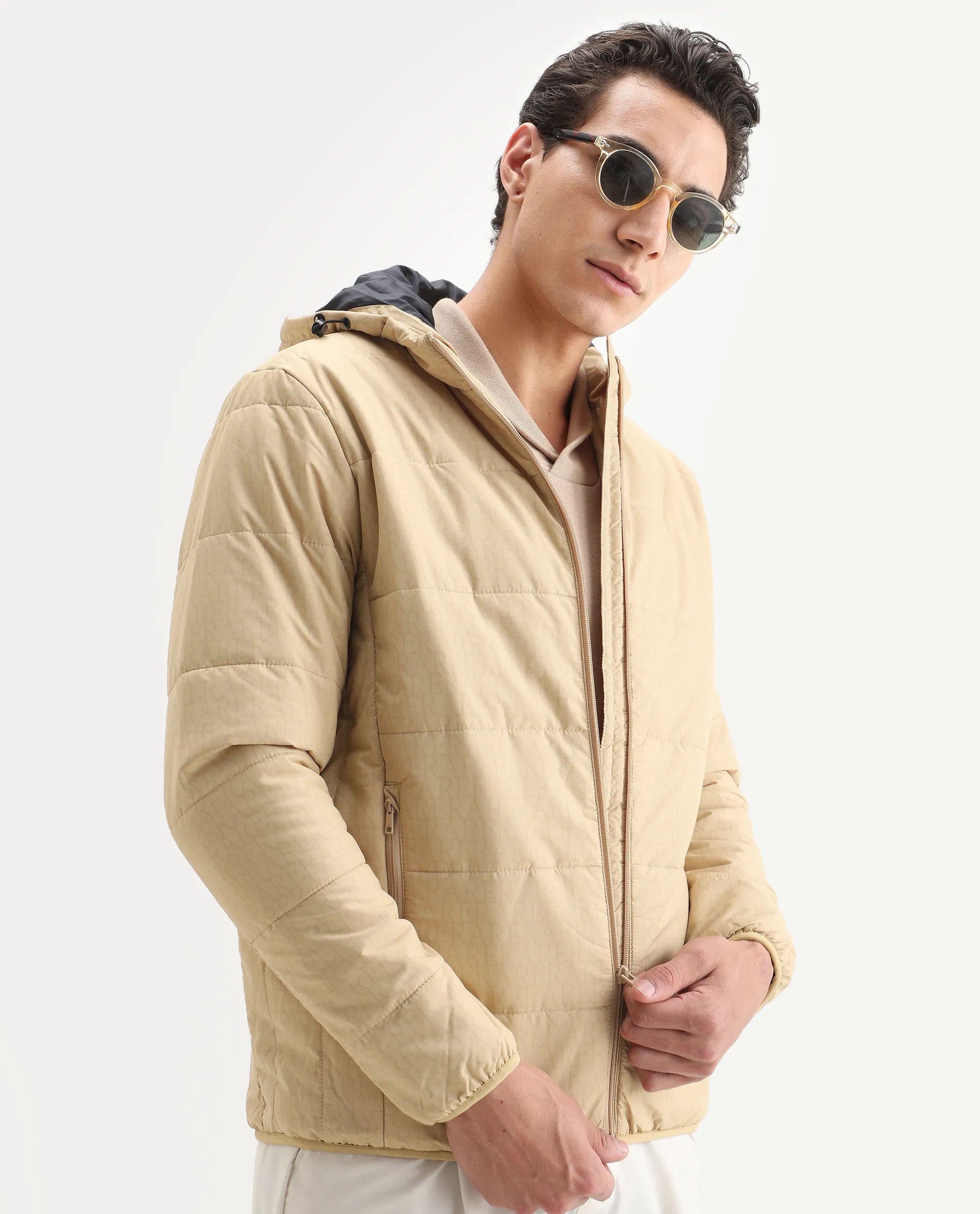 Rare Rabbit Men's Vasto Beige Polyester Monogram Print Regular Fit Full Sleeve Hooded Jacket