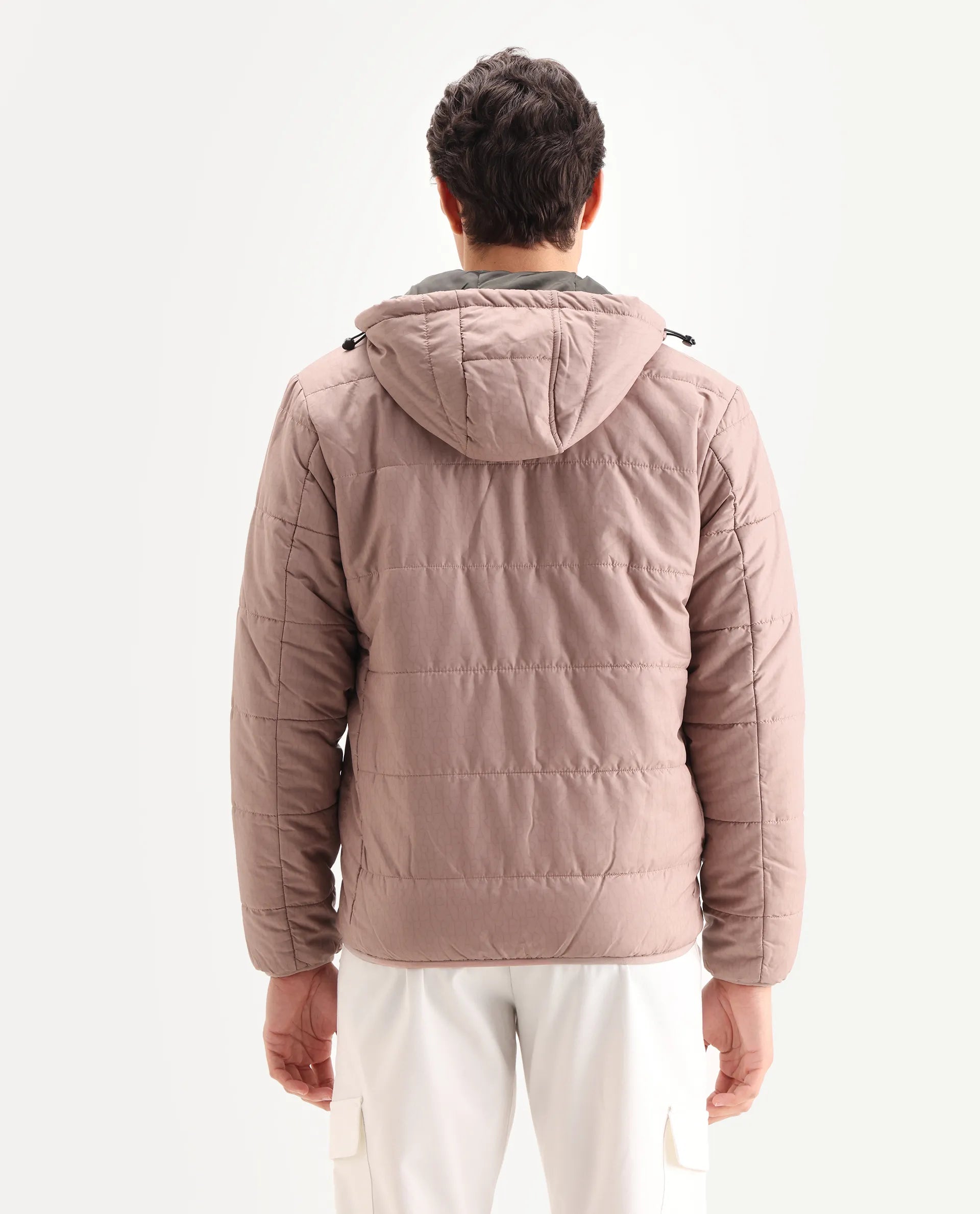 Rare Rabbit Men's Vasto Dusky Pink Polyester Monogram Print Regular Fit Full Sleeve Hooded Jacket