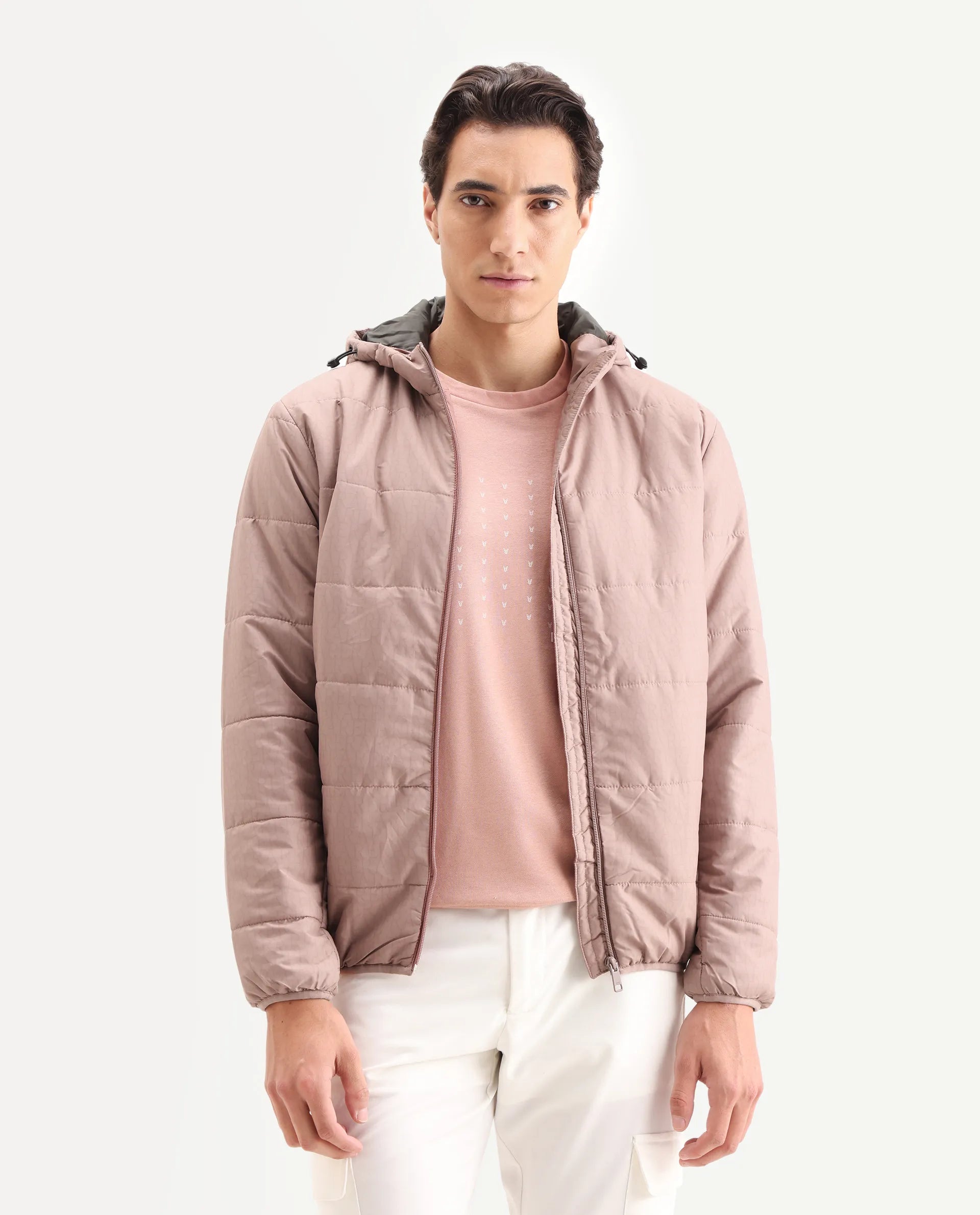 Rare Rabbit Men's Vasto Dusky Pink Polyester Monogram Print Regular Fit Full Sleeve Hooded Jacket