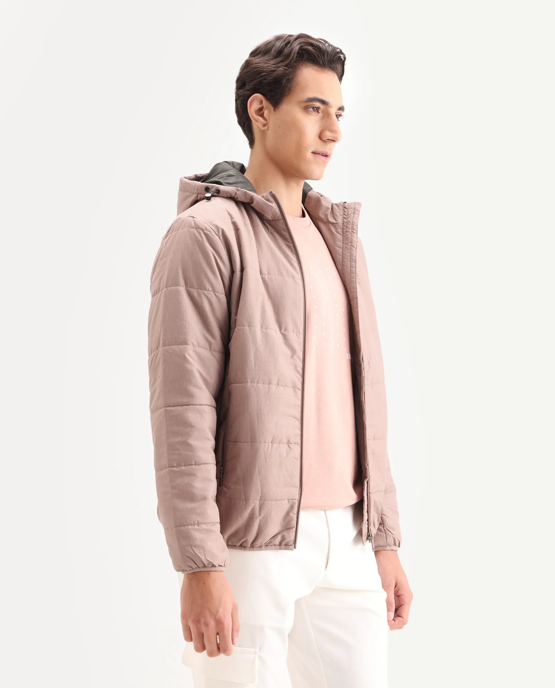 Rare Rabbit Men's Vasto Dusky Pink Polyester Monogram Print Regular Fit Full Sleeve Hooded Jacket