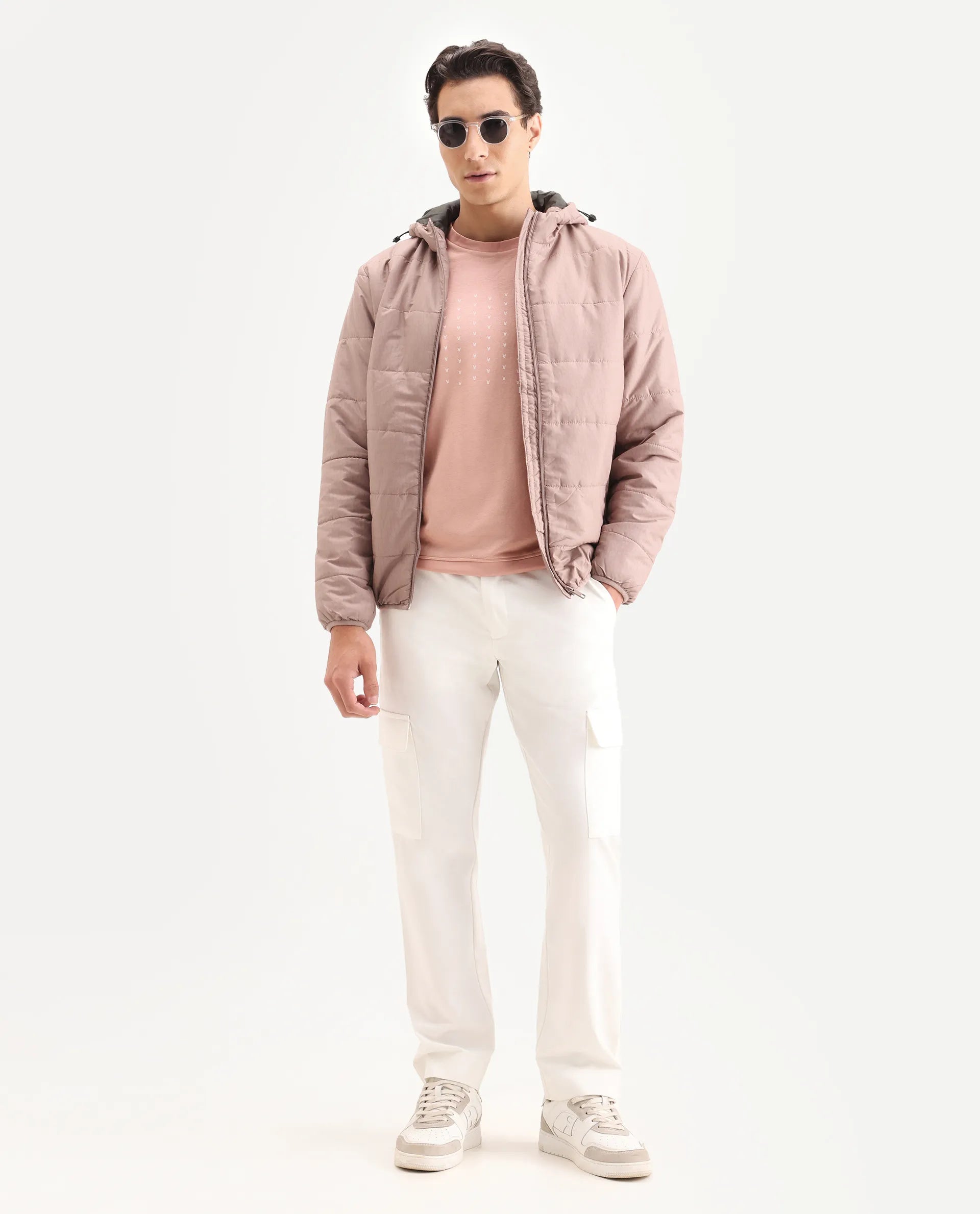 Rare Rabbit Men's Vasto Dusky Pink Polyester Monogram Print Regular Fit Full Sleeve Hooded Jacket