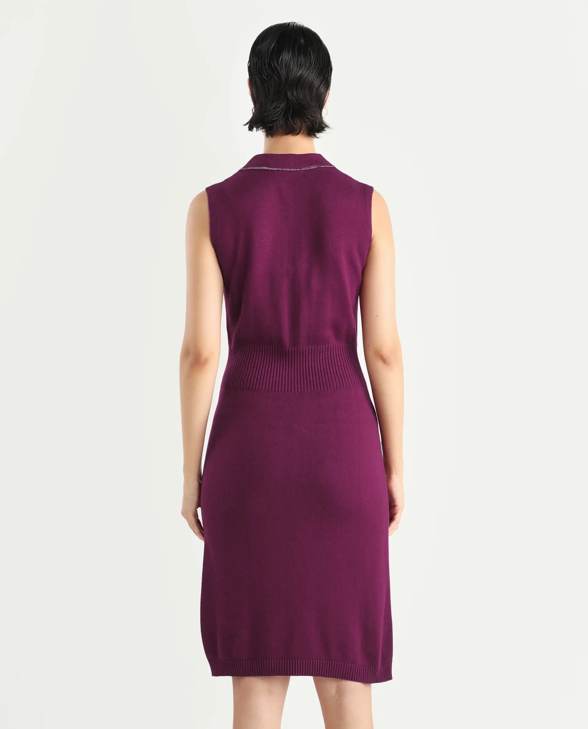 Rareism Women's Knitsy Dark Maroon Cotton Spread Collar Plain Sleeveless Knee Length Regular Fit Sweater