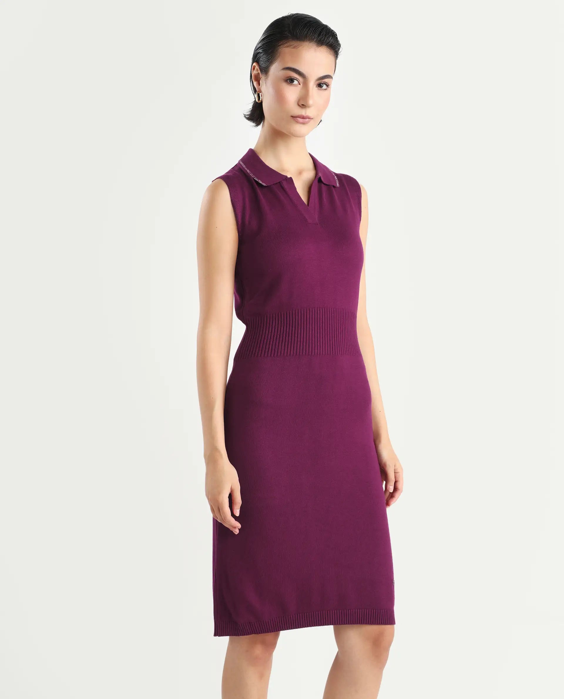 Rareism Women's Knitsy Dark Maroon Cotton Spread Collar Plain Sleeveless Knee Length Regular Fit Sweater