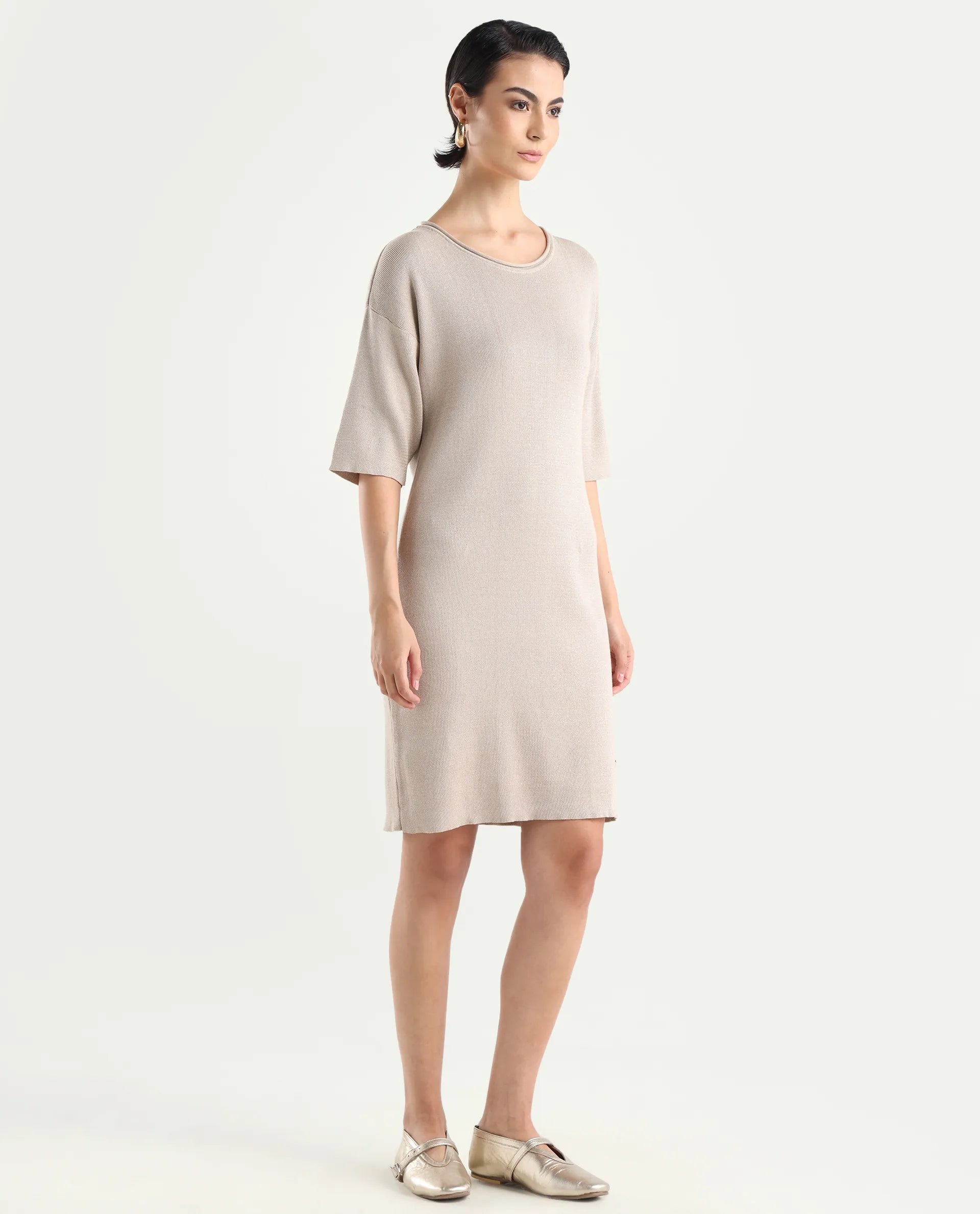 Rareism Women's Shimknit Beige Cotton Boat Neck Plain Relaxed Fit Sweater