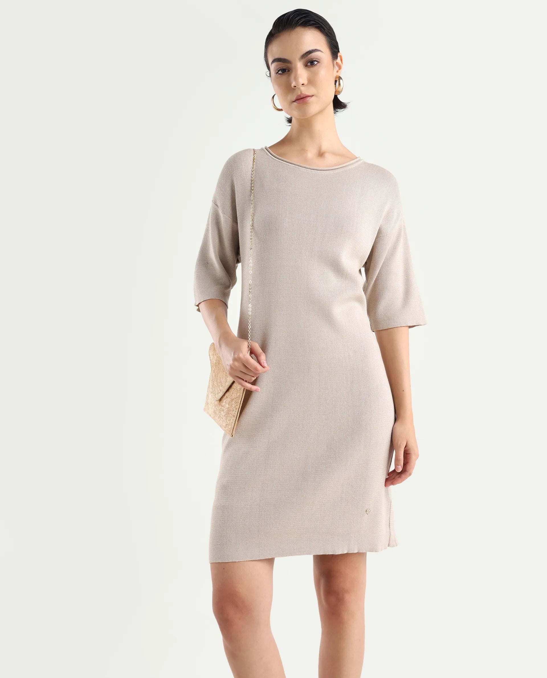 Rareism Women's Shimknit Beige Cotton Boat Neck Plain Relaxed Fit Sweater