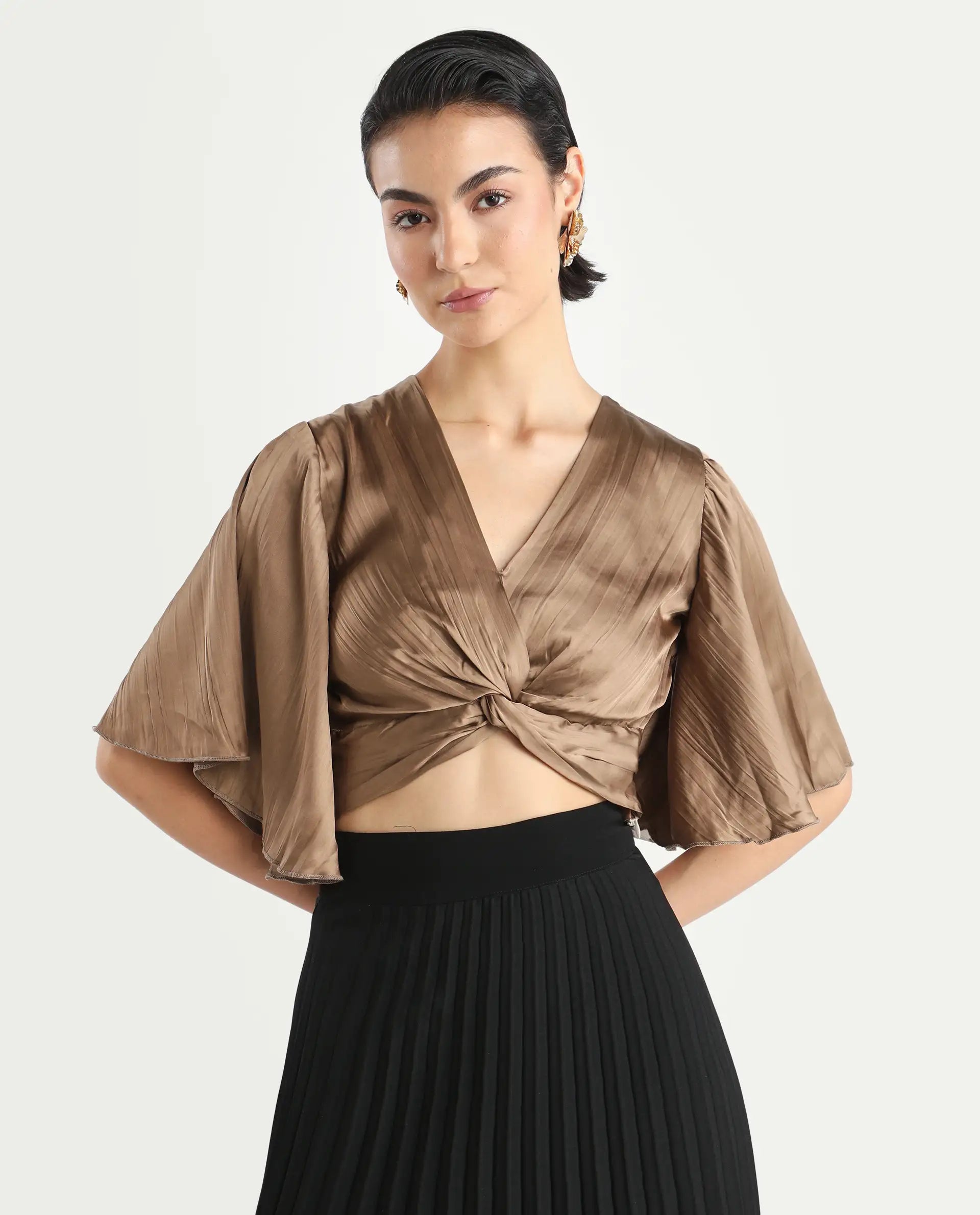 Rareism Women's Ainara Dark Beige Polyester V-Neck Plain Flared Sleeve Crop Regular Fit Top