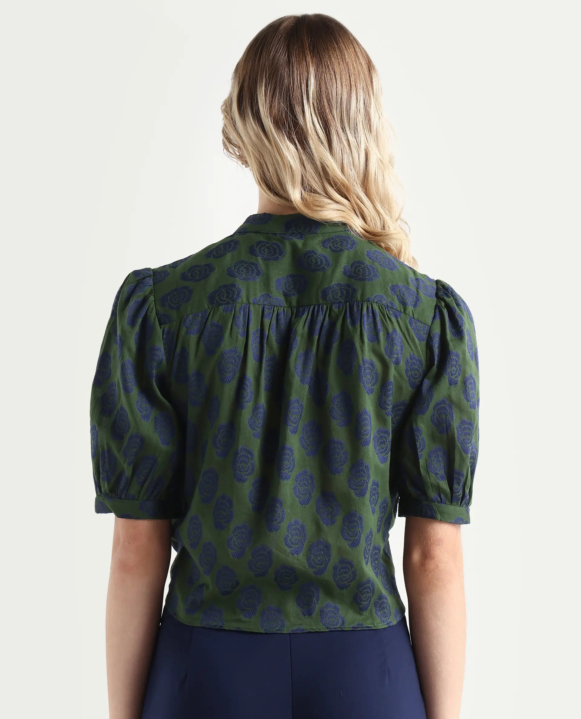 Rareism Women's Andle Dusky Green Polyester High Neck Floral Print Puff Sleeves Regular Fit Top