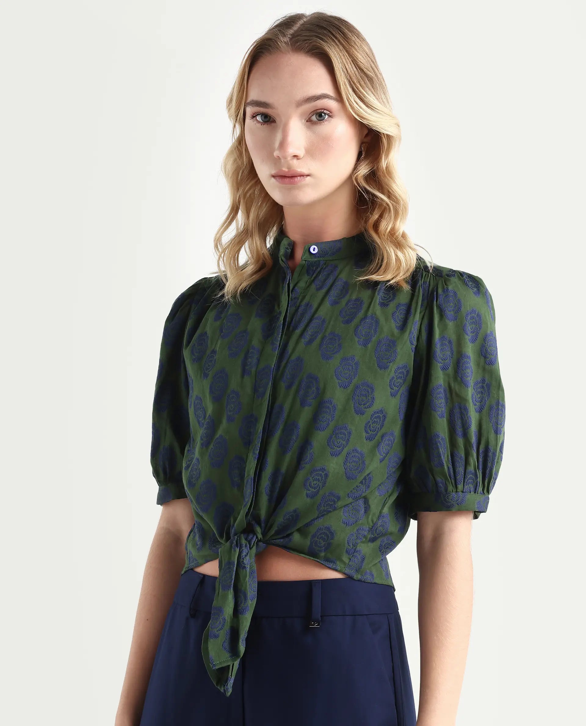 Rareism Women's Andle Dusky Green Polyester High Neck Floral Print Puff Sleeves Regular Fit Top