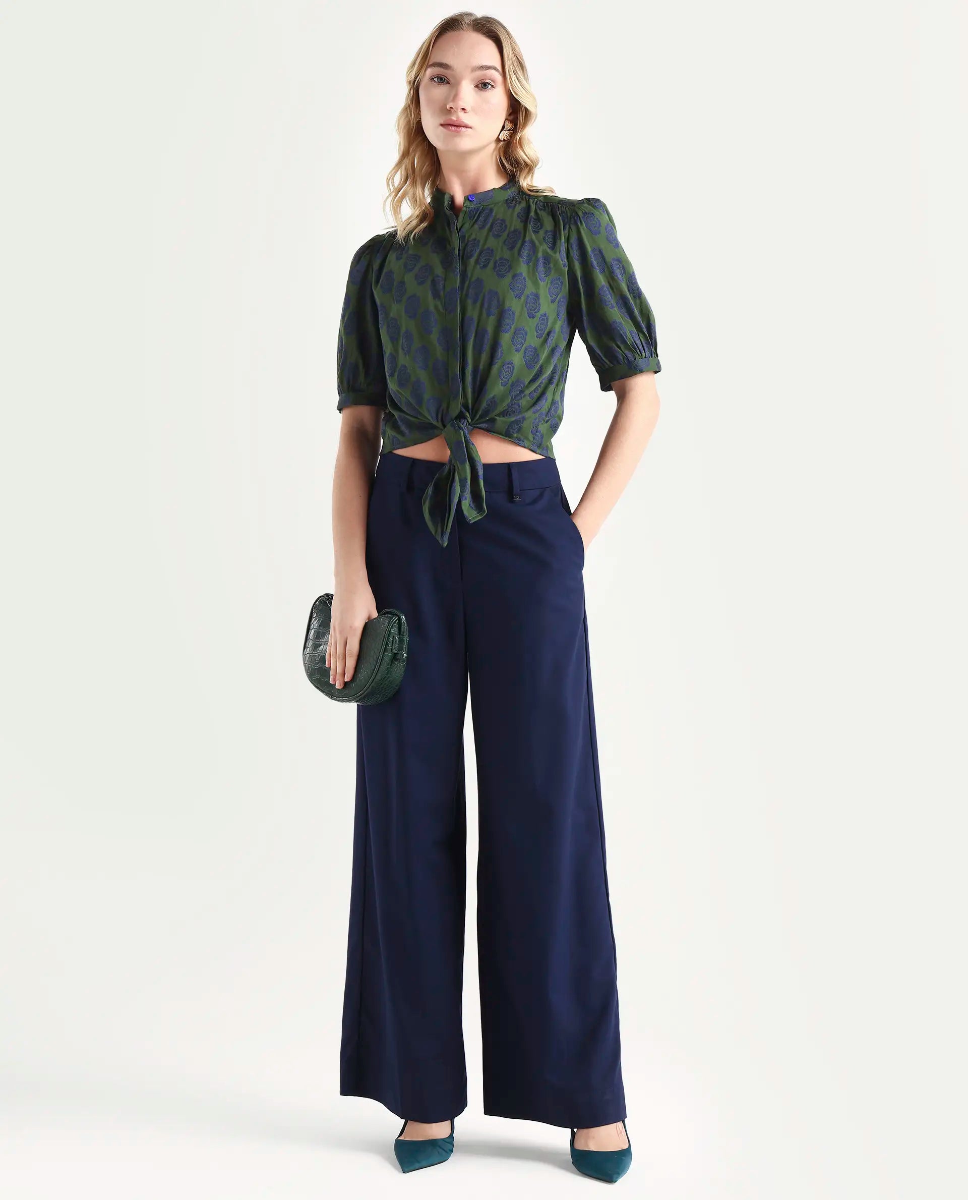 Rareism Women's Andle Dusky Green Polyester High Neck Floral Print Puff Sleeves Regular Fit Top