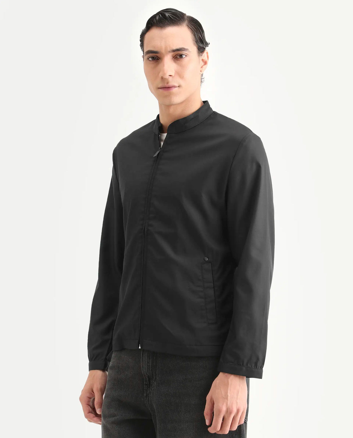 Rare Rabbit Men's Nimbus Black Plain Mandarin Collar Smart Twill Jacket