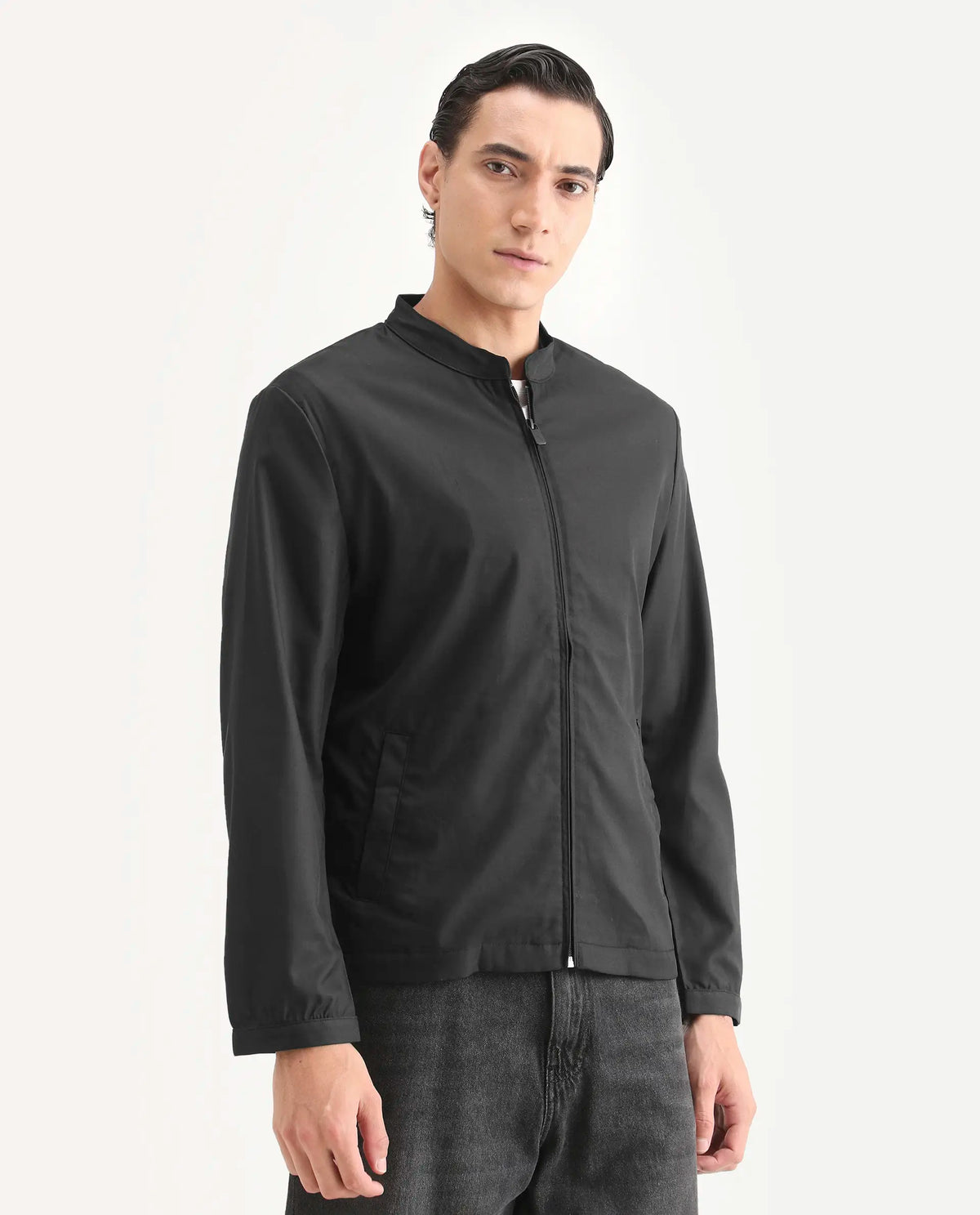 Rare Rabbit Men's Nimbus Black Plain Mandarin Collar Smart Twill Jacket