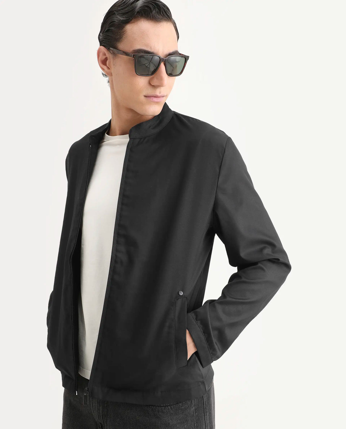 Rare Rabbit Men's Nimbus Black Plain Mandarin Collar Smart Twill Jacket