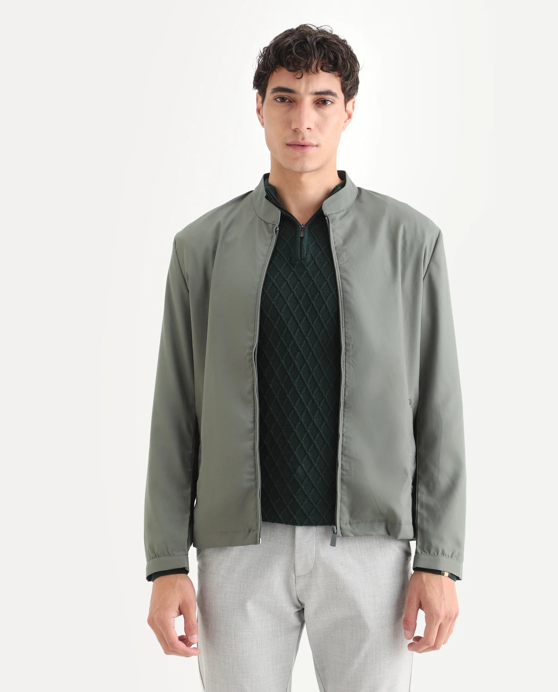 Rare Rabbit Mens Nimbus Dusky Green Jacket Cuffed Sleeve Mandarin Collar Solid