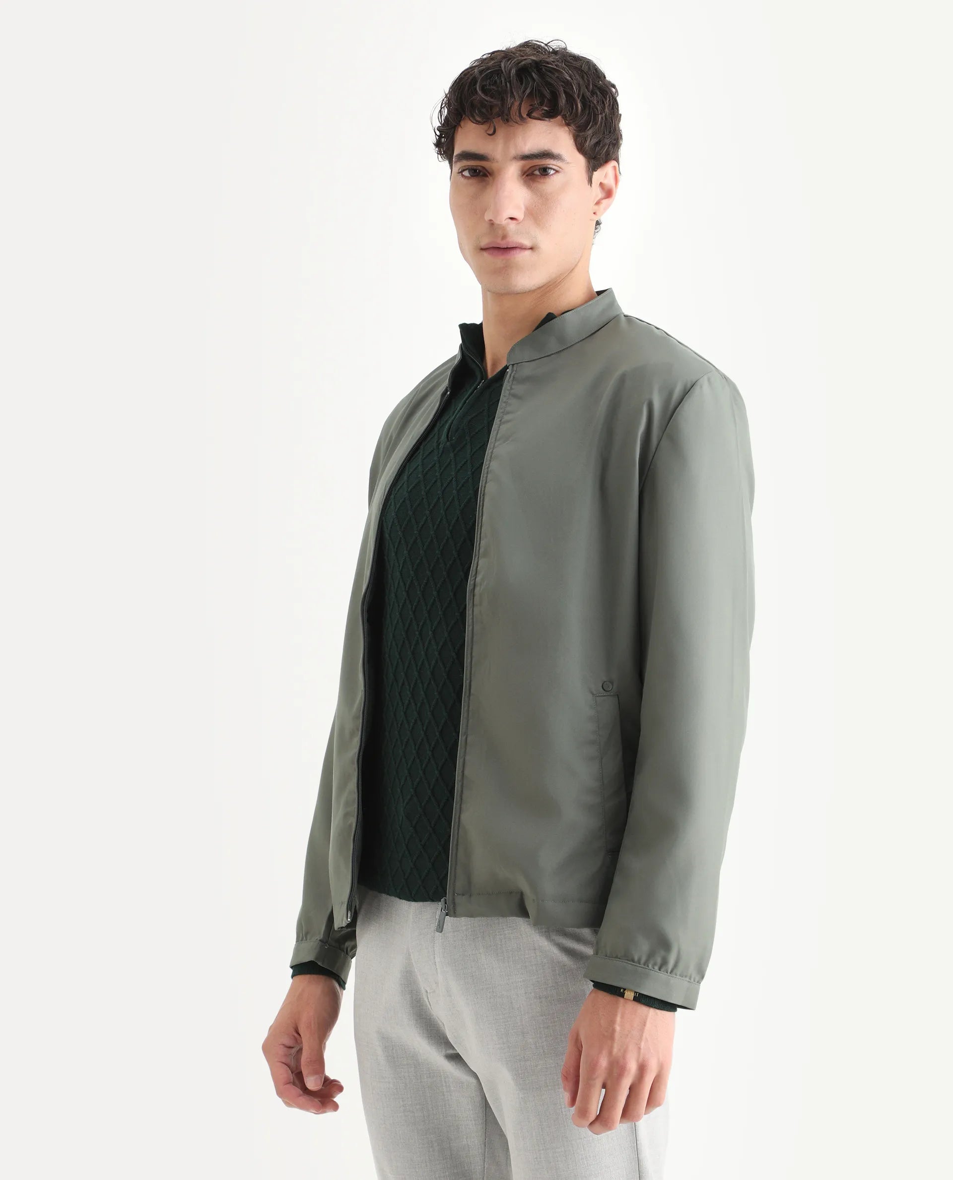 Rare Rabbit Mens Nimbus Dusky Green Jacket Cuffed Sleeve Mandarin Collar Solid