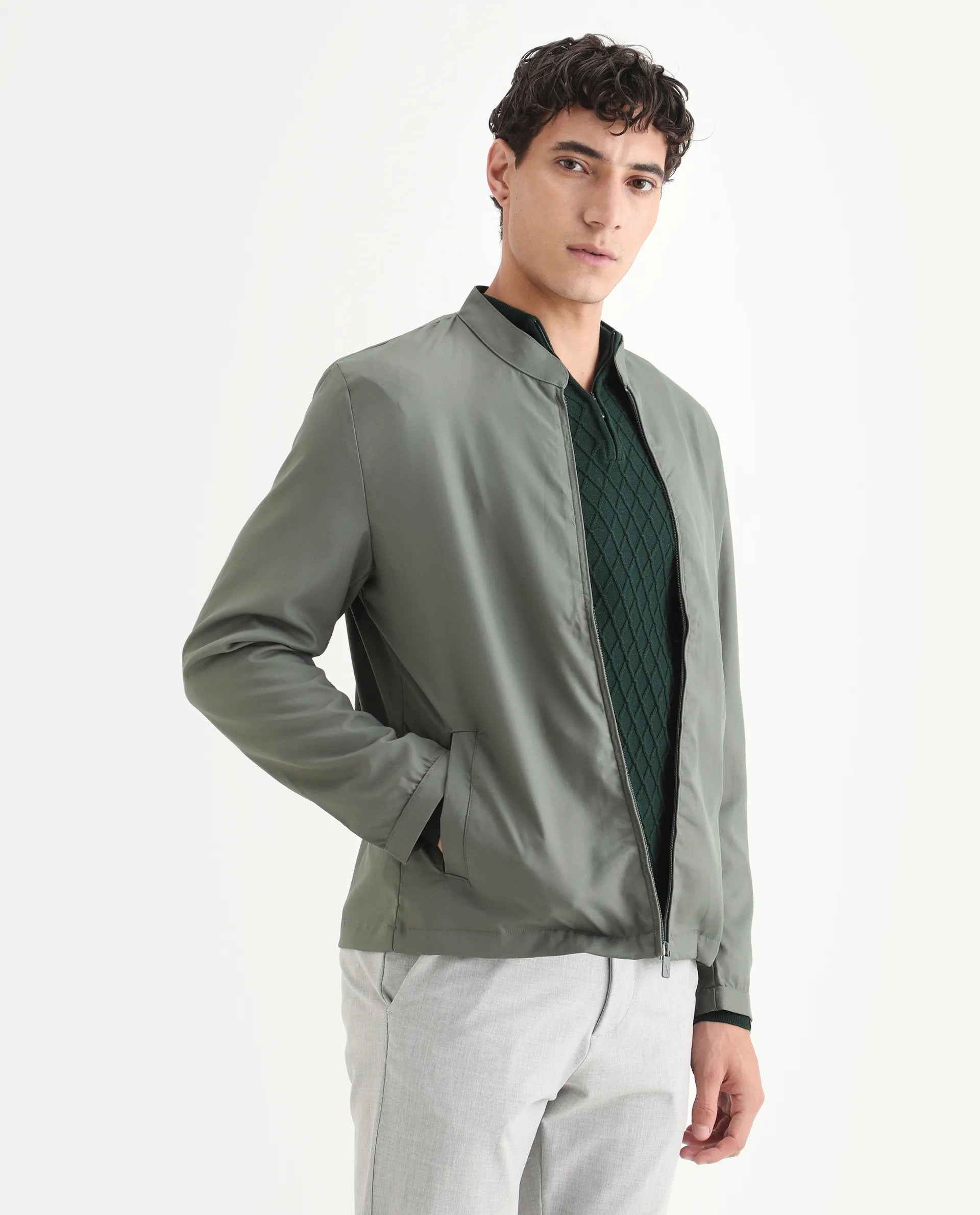 Rare Rabbit Mens Nimbus Dusky Green Jacket Cuffed Sleeve Mandarin Collar Solid