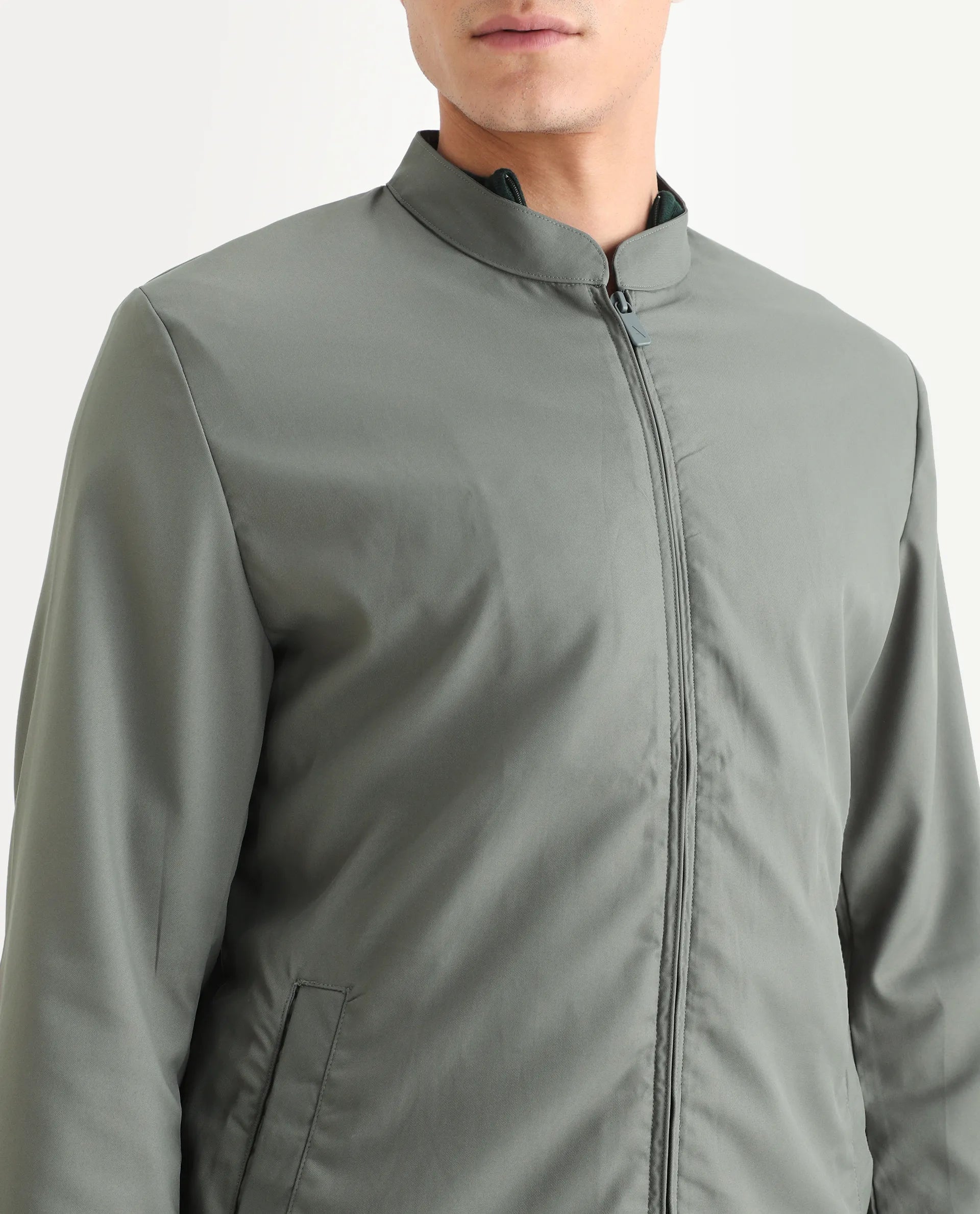 Rare Rabbit Mens Nimbus Dusky Green Jacket Cuffed Sleeve Mandarin Collar Solid