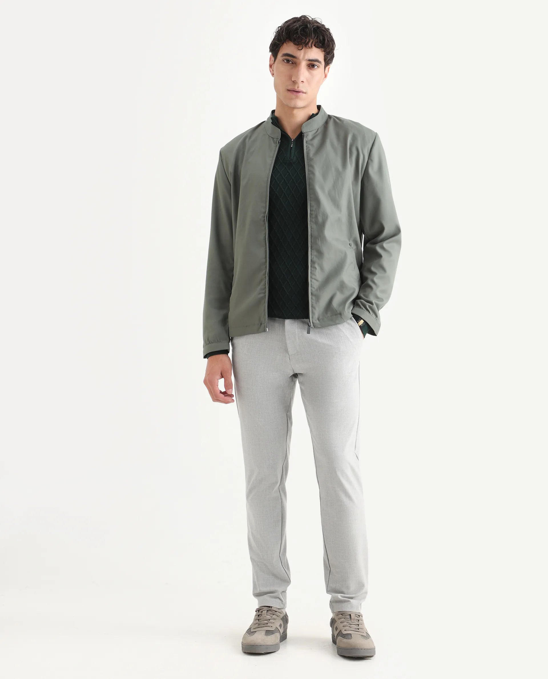 Rare Rabbit Mens Nimbus Dusky Green Jacket Cuffed Sleeve Mandarin Collar Solid