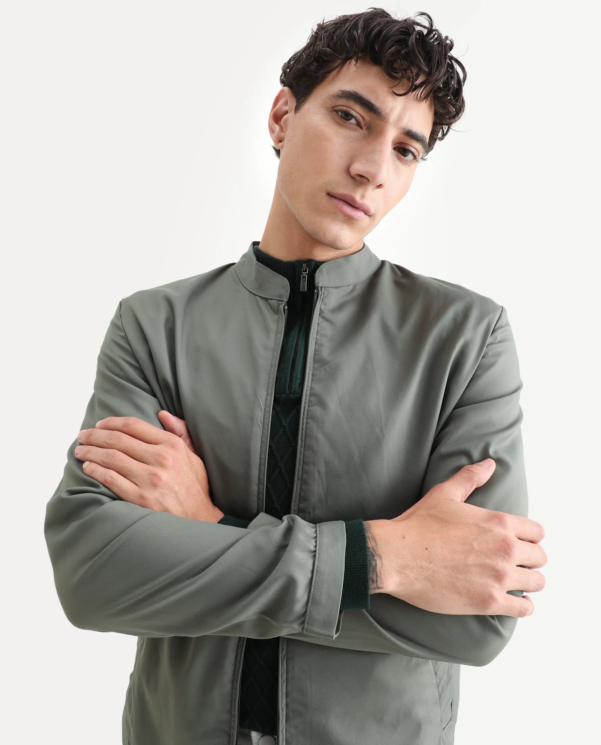 Rare Rabbit Mens Nimbus Dusky Green Jacket Cuffed Sleeve Mandarin Collar Solid