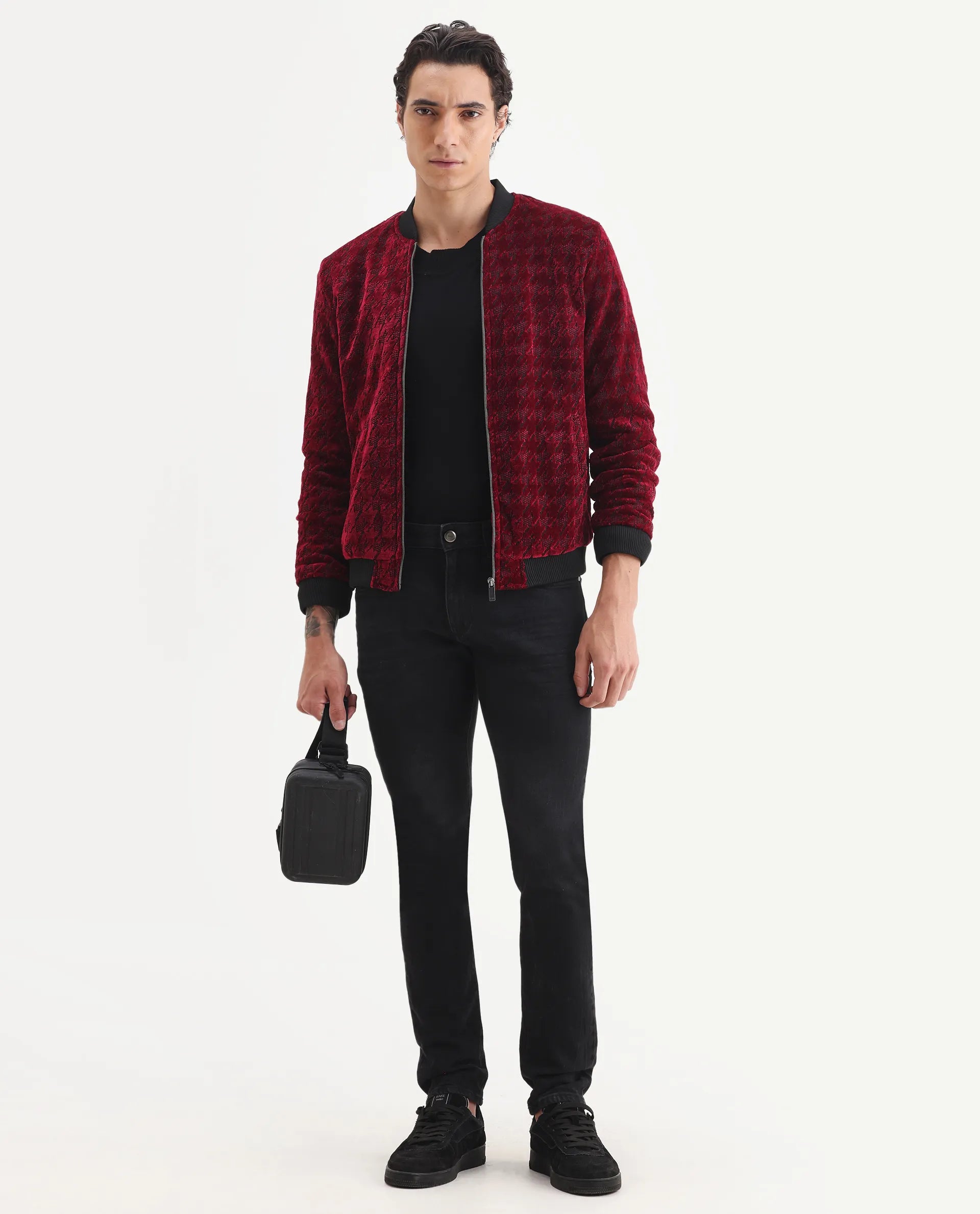 Rare Rabbit Men's Beldon Red Velvet Textured Regular Fit Full Sleeve Stand Collar Jacket