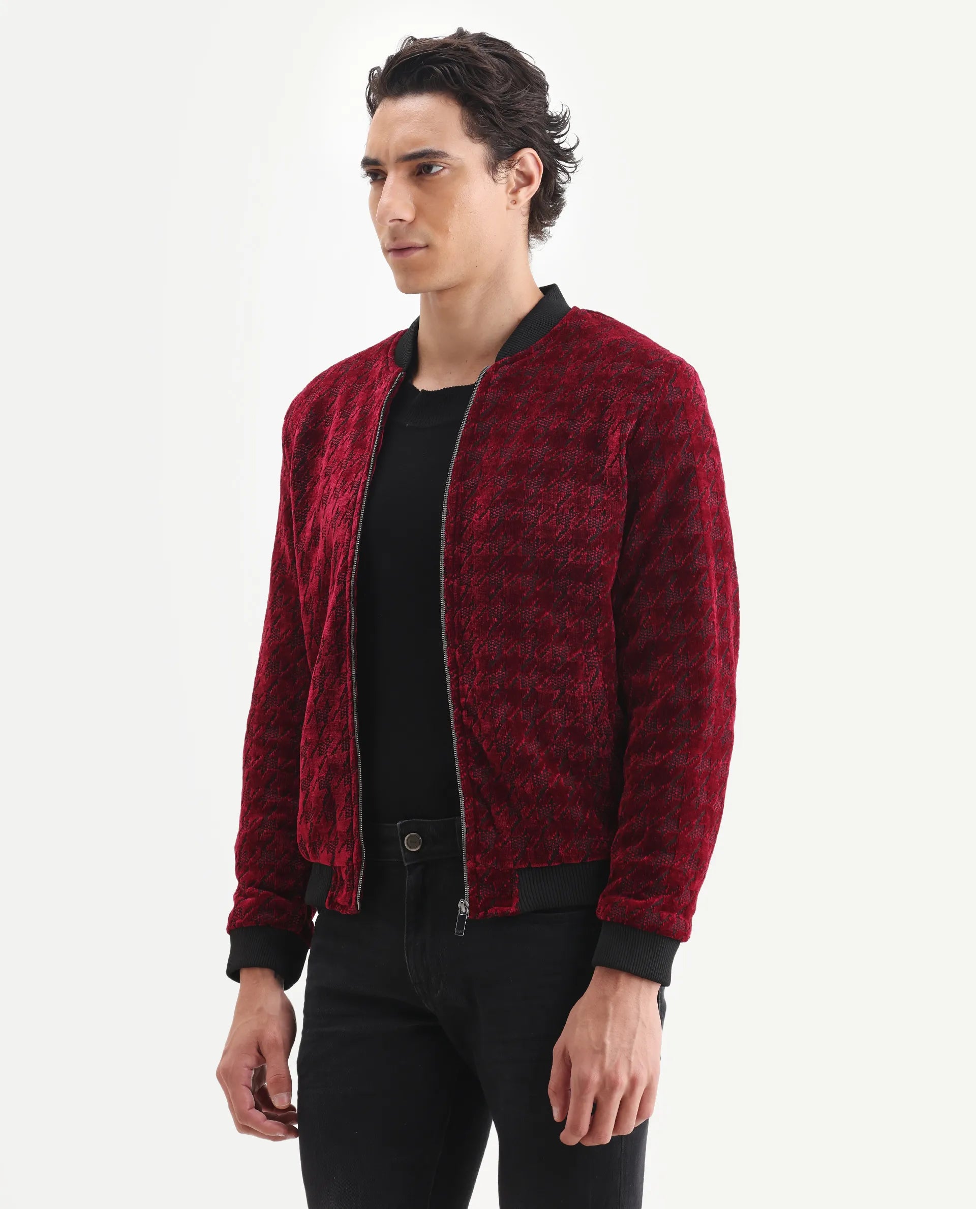 Rare Rabbit Men's Beldon Red Velvet Textured Regular Fit Full Sleeve Stand Collar Jacket