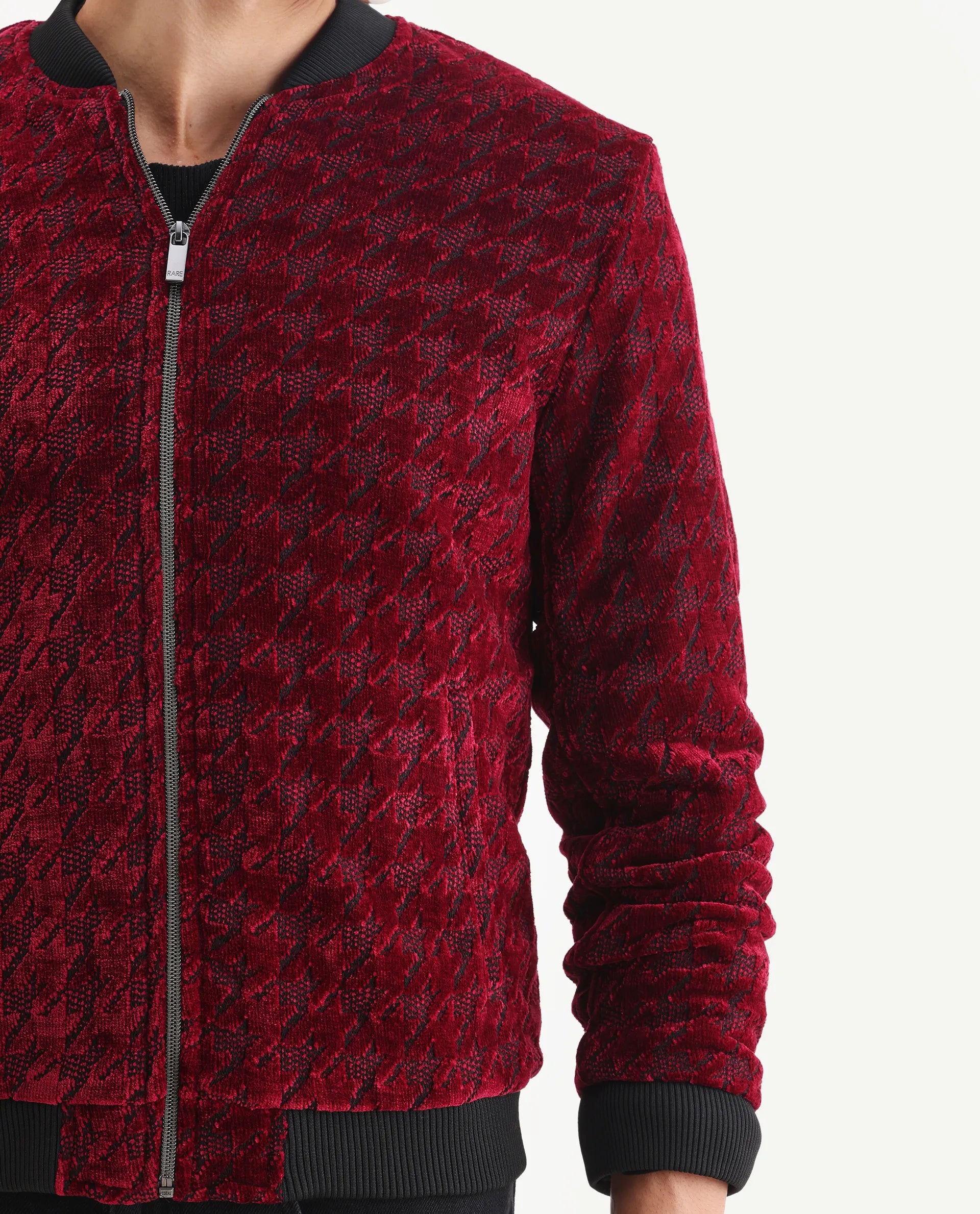 Rare Rabbit Men's Beldon Red Velvet Textured Regular Fit Full Sleeve Stand Collar Jacket