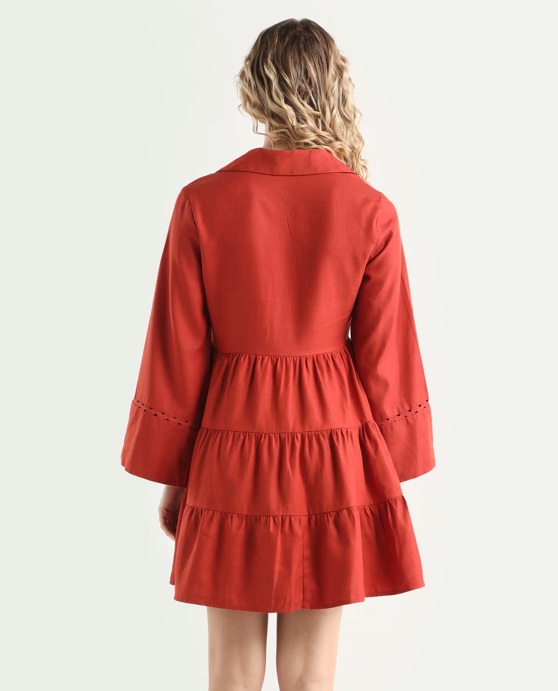 Rareism Women's Wyatt Rust Cotton Blend Spread Collar Plain Bell Sleeve Mini Regular Fit Dress