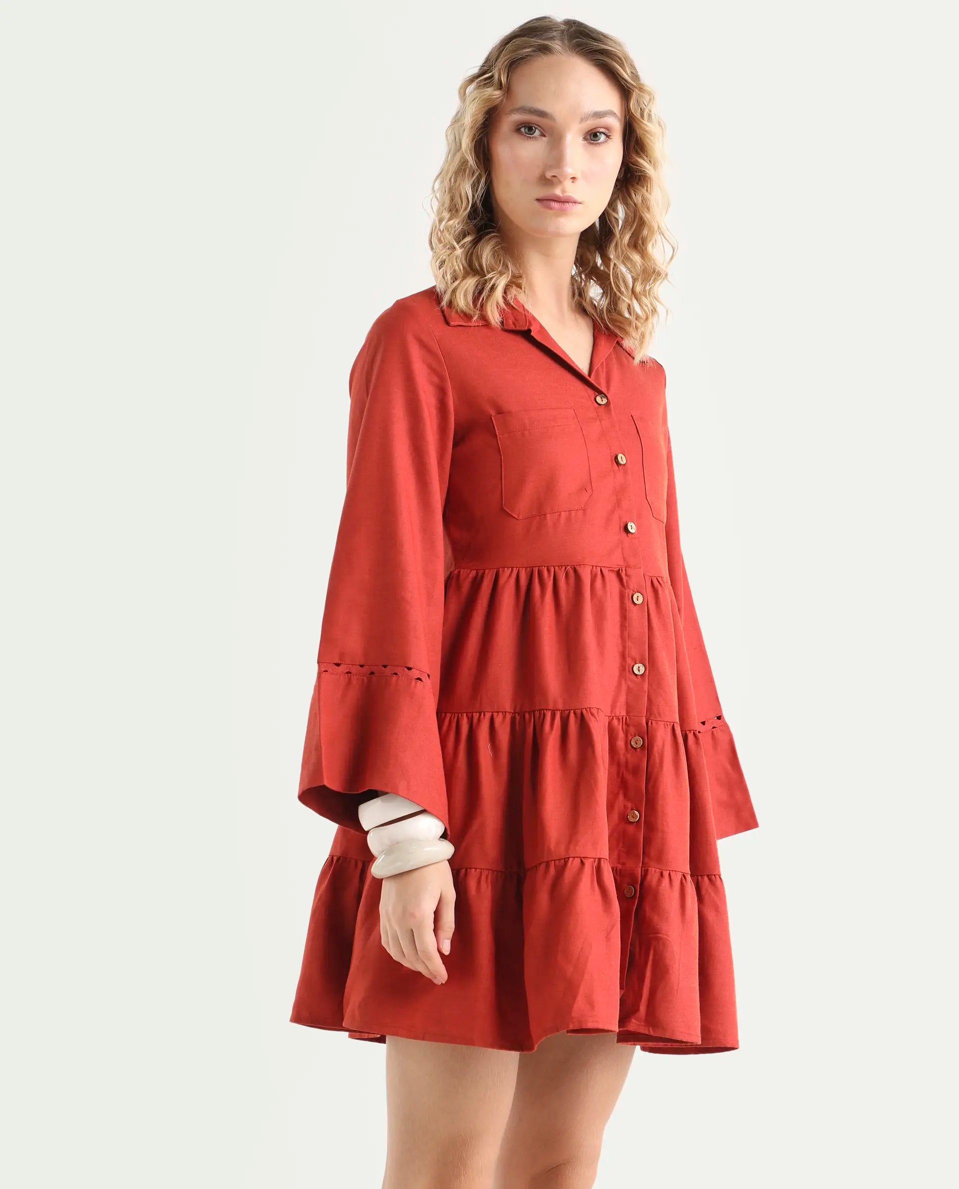 Rareism Women's Wyatt Rust Cotton Blend Spread Collar Plain Bell Sleeve Mini Regular Fit Dress