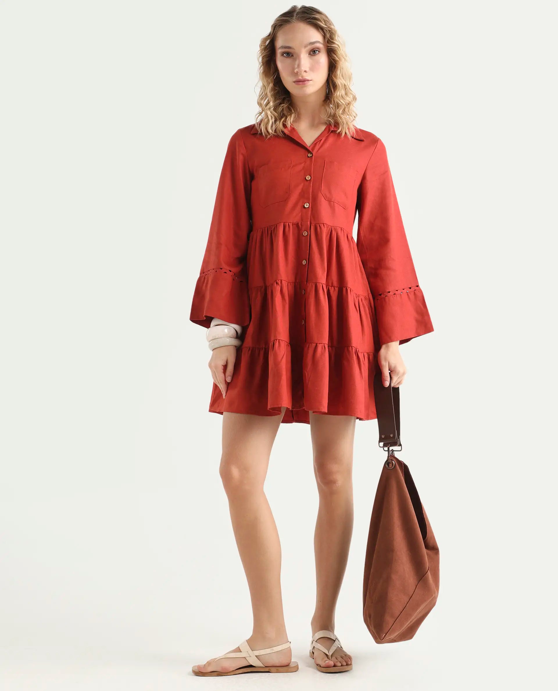 Rareism Women's Wyatt Rust Cotton Blend Spread Collar Plain Bell Sleeve Mini Regular Fit Dress