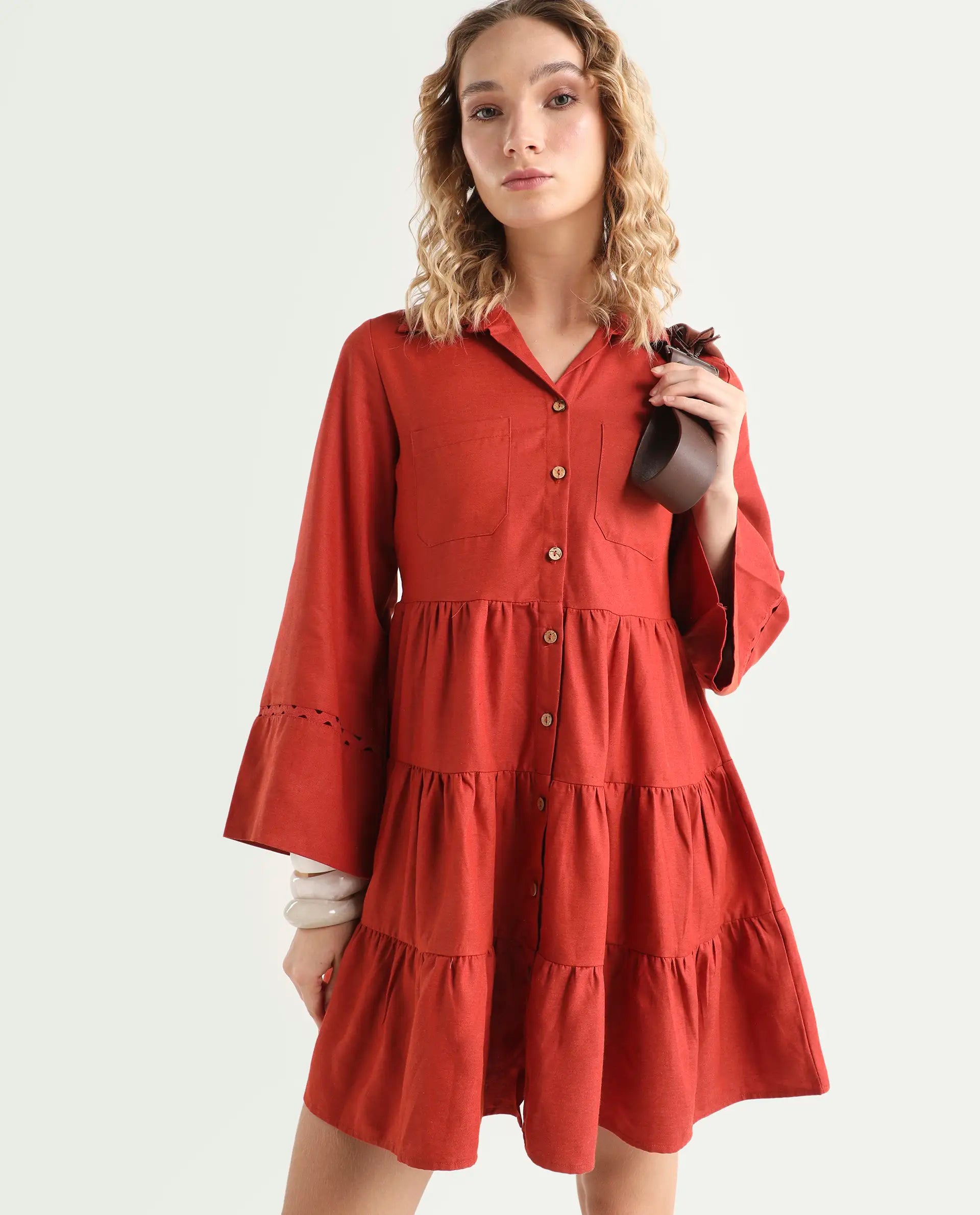 Rareism Women's Wyatt Rust Cotton Blend Spread Collar Plain Bell Sleeve Mini Regular Fit Dress