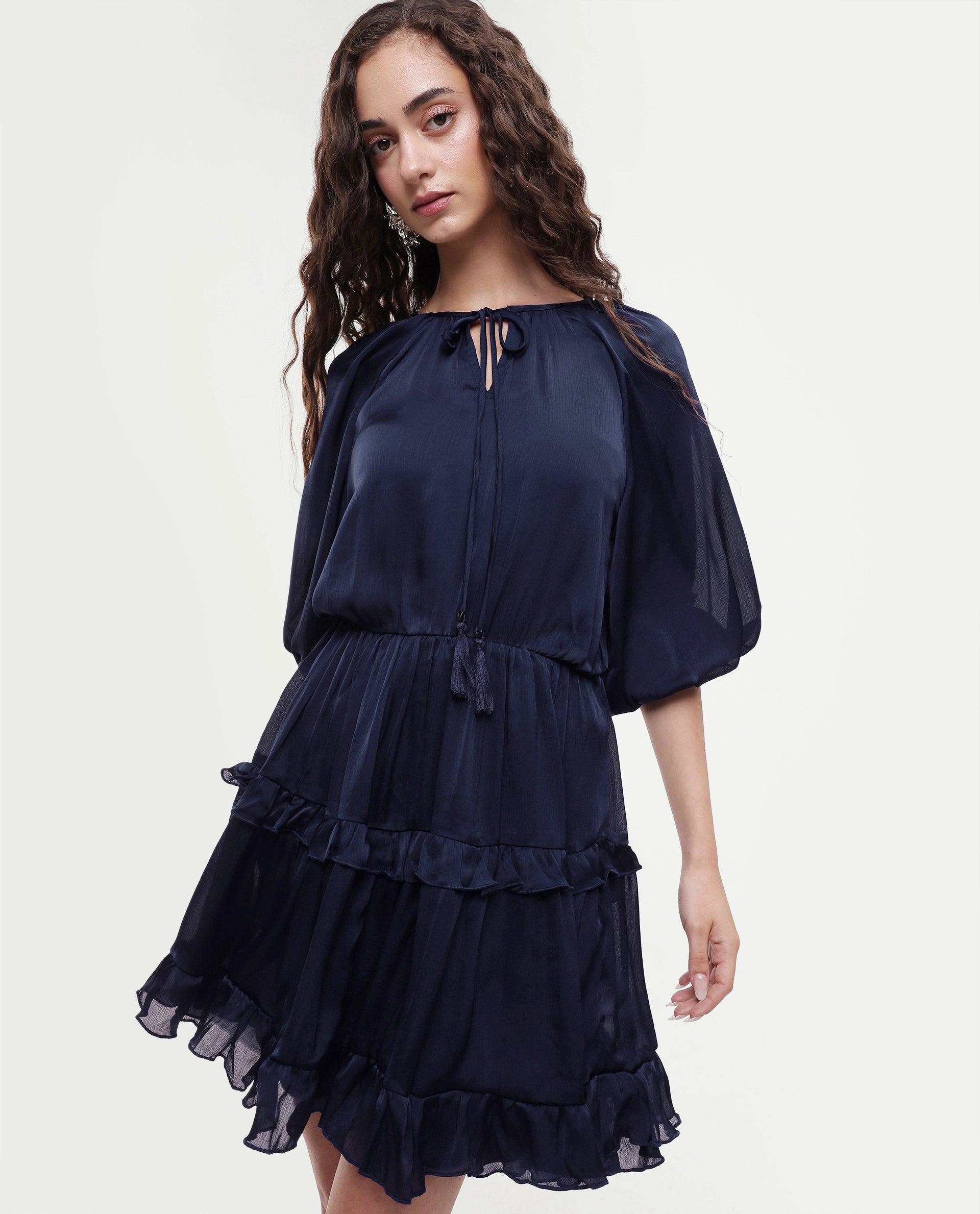 Rareism Women's Zekeje Blue Polyester Tie-Up Neck Plain Raglan Sleeve Mini Regular Fit Dress