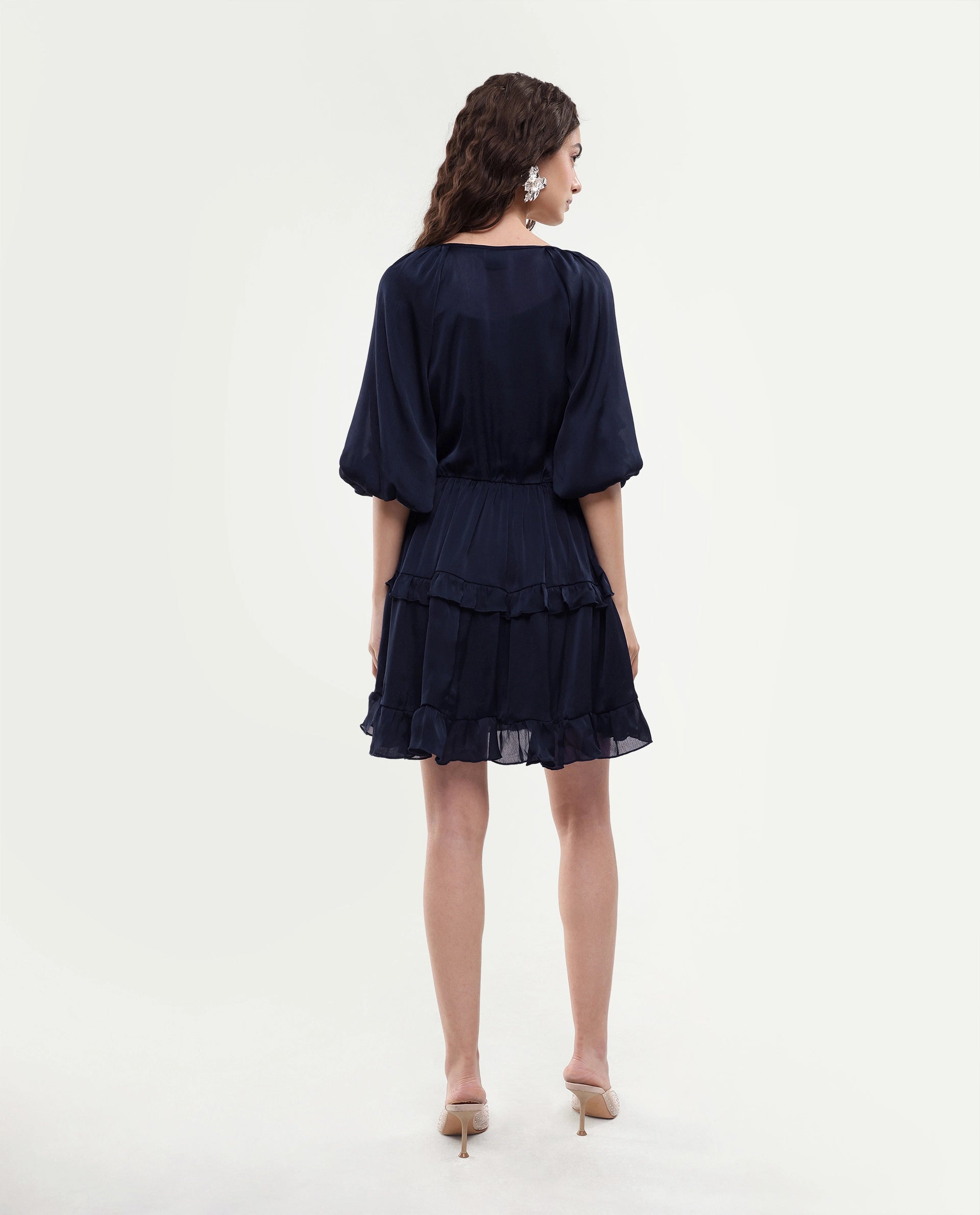 Rareism Women's Zekeje Blue Polyester Tie-Up Neck Plain Raglan Sleeve Mini Regular Fit Dress