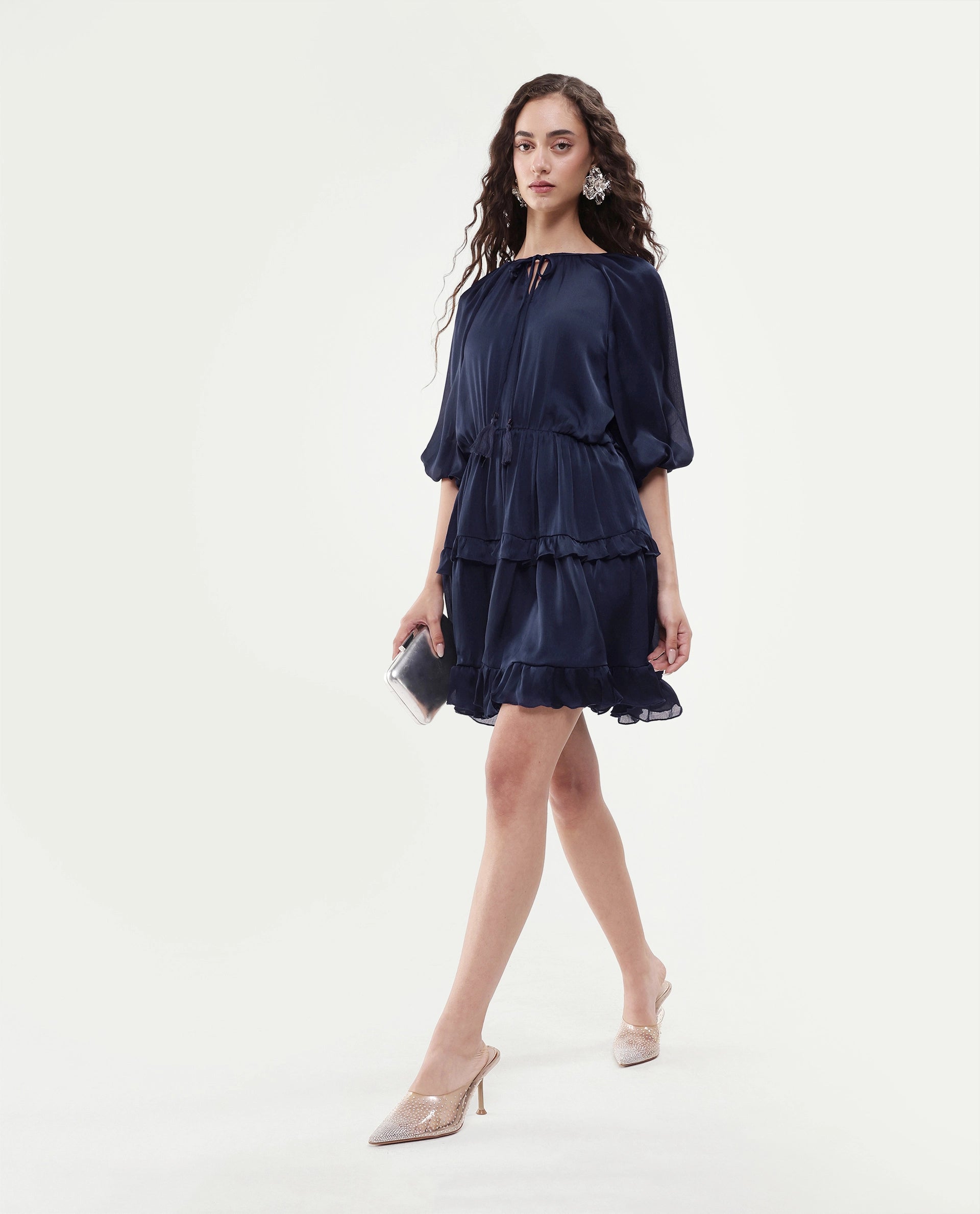 Rareism Women's Zekeje Blue Polyester Tie-Up Neck Plain Raglan Sleeve Mini Regular Fit Dress